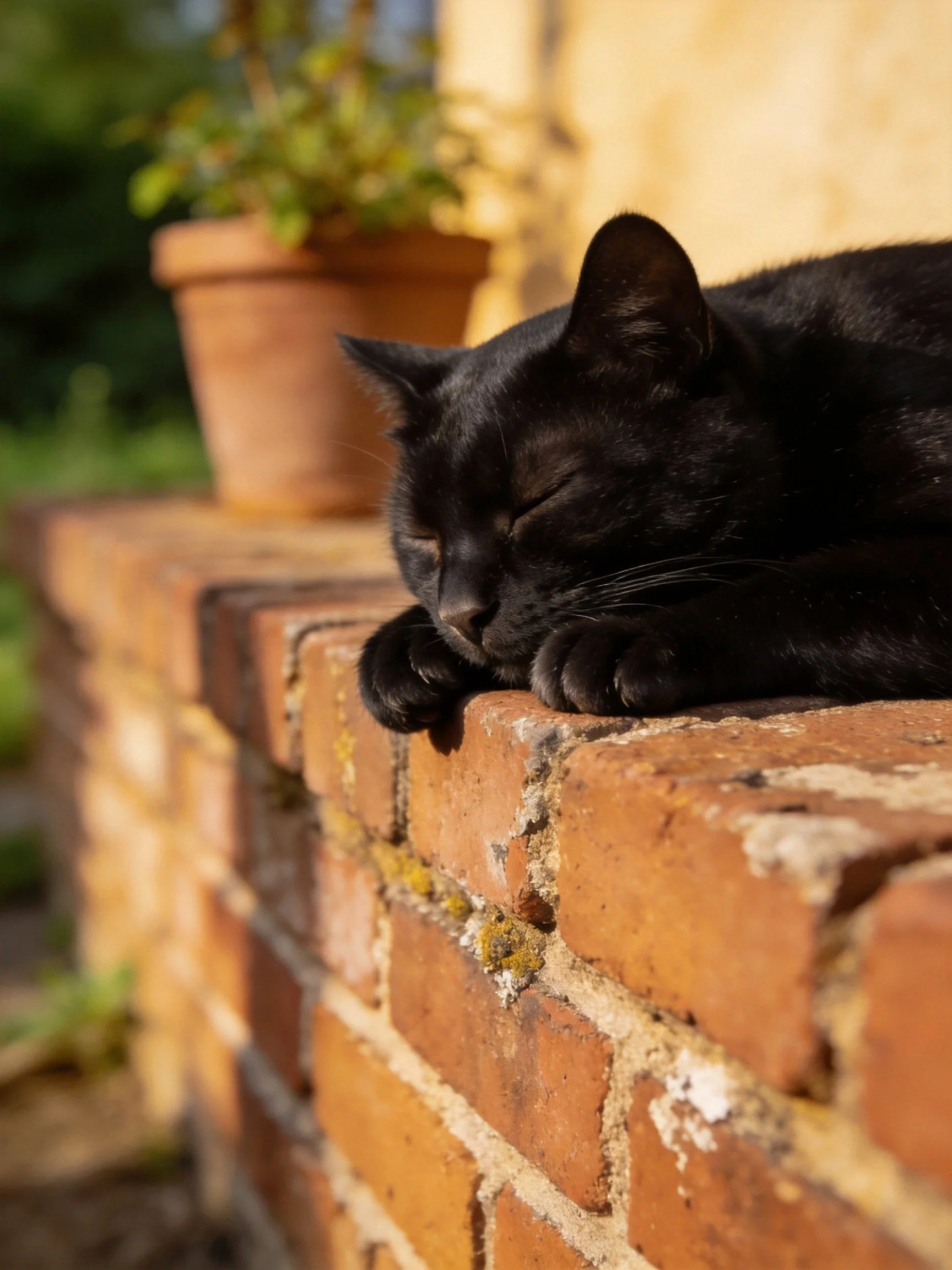 A black cat napping on an aged brick wall near a terracotta pot