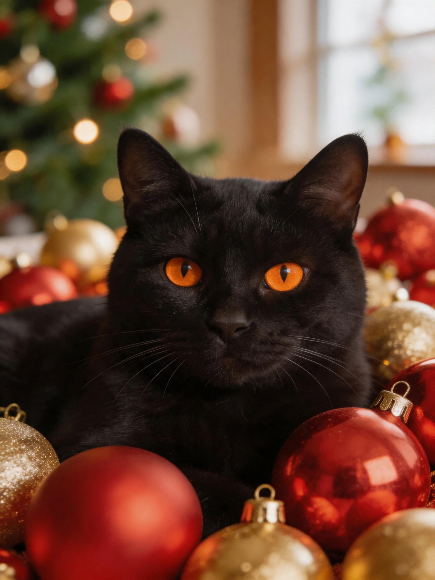 A black cat nestled among red and gold Christmas ornaments beside a lit tree