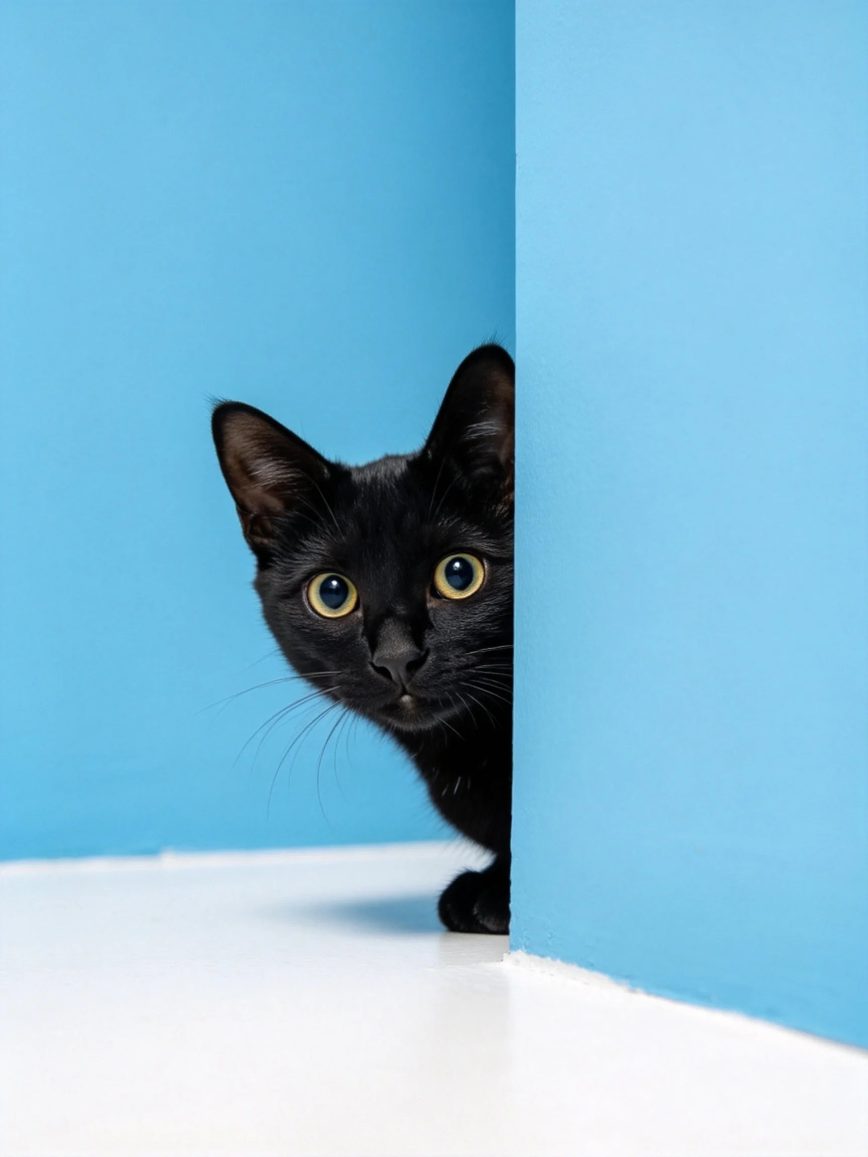 A black cat peeks from behind a bright blue partition