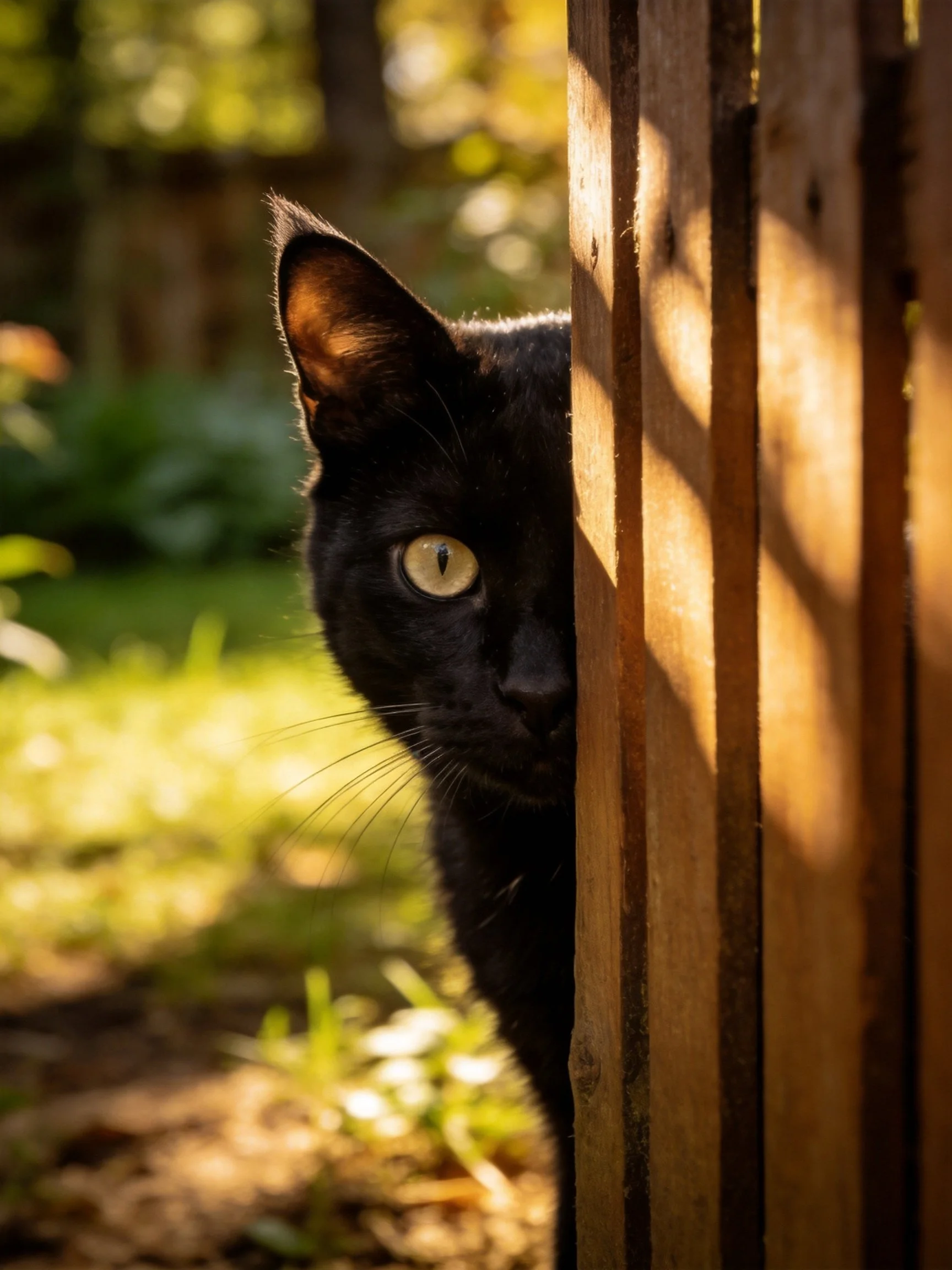 A black cat peeks from behind a wooden fence in sunlight