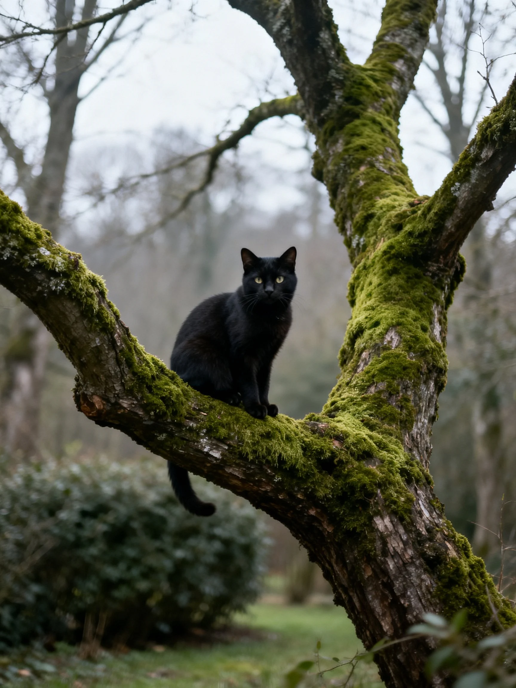 A black cat perched on a moss-covered tree branch