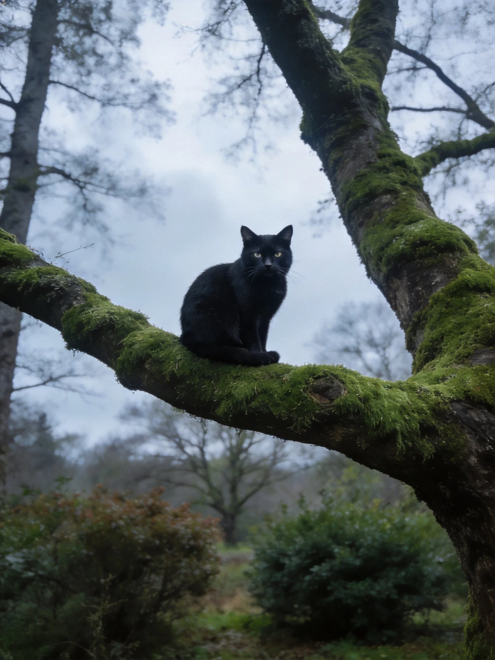 A black cat perched on a moss-covered tree branch in a misty forest