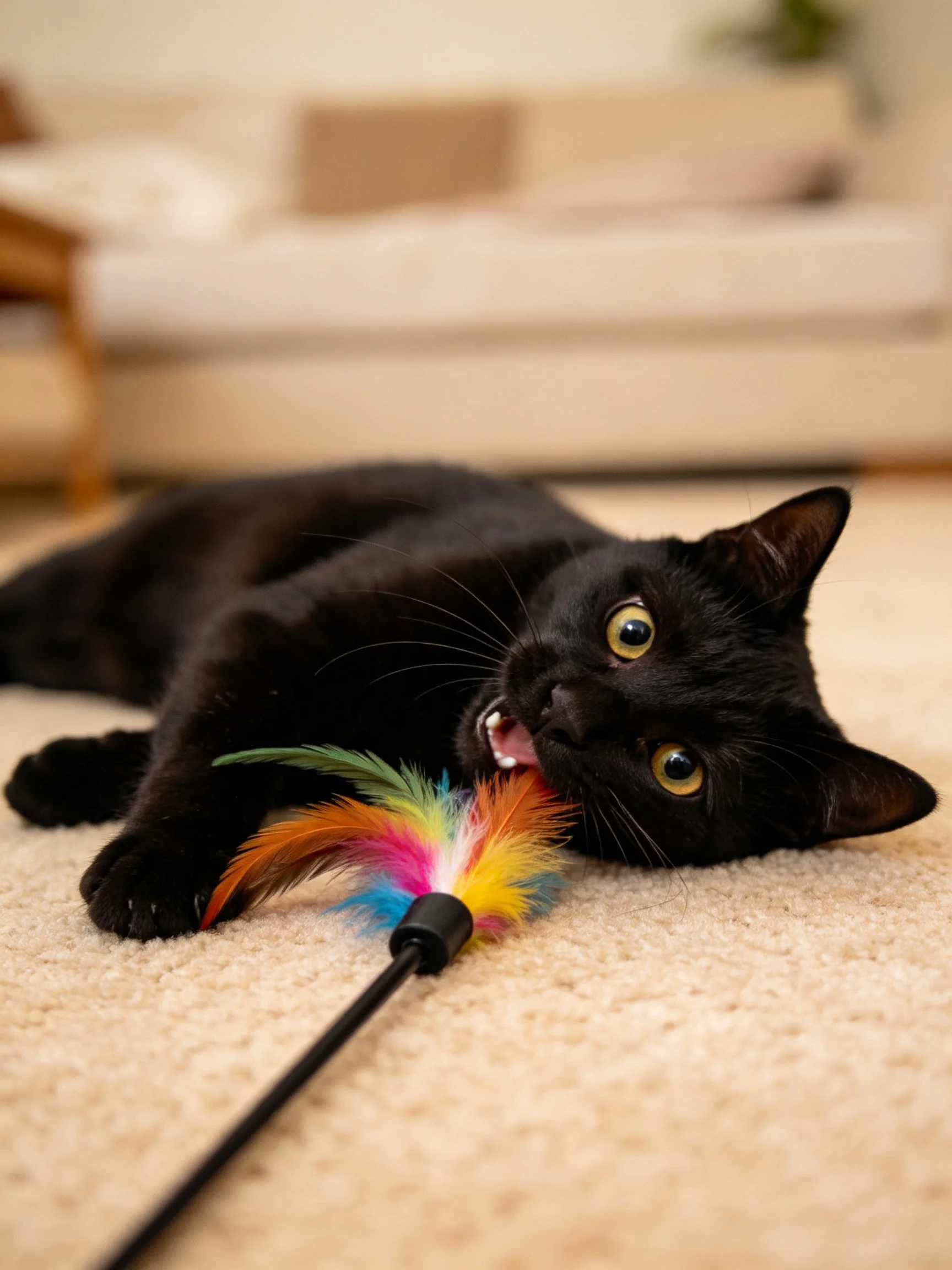 A black cat plays with a colorful feather toy on a beige carpet