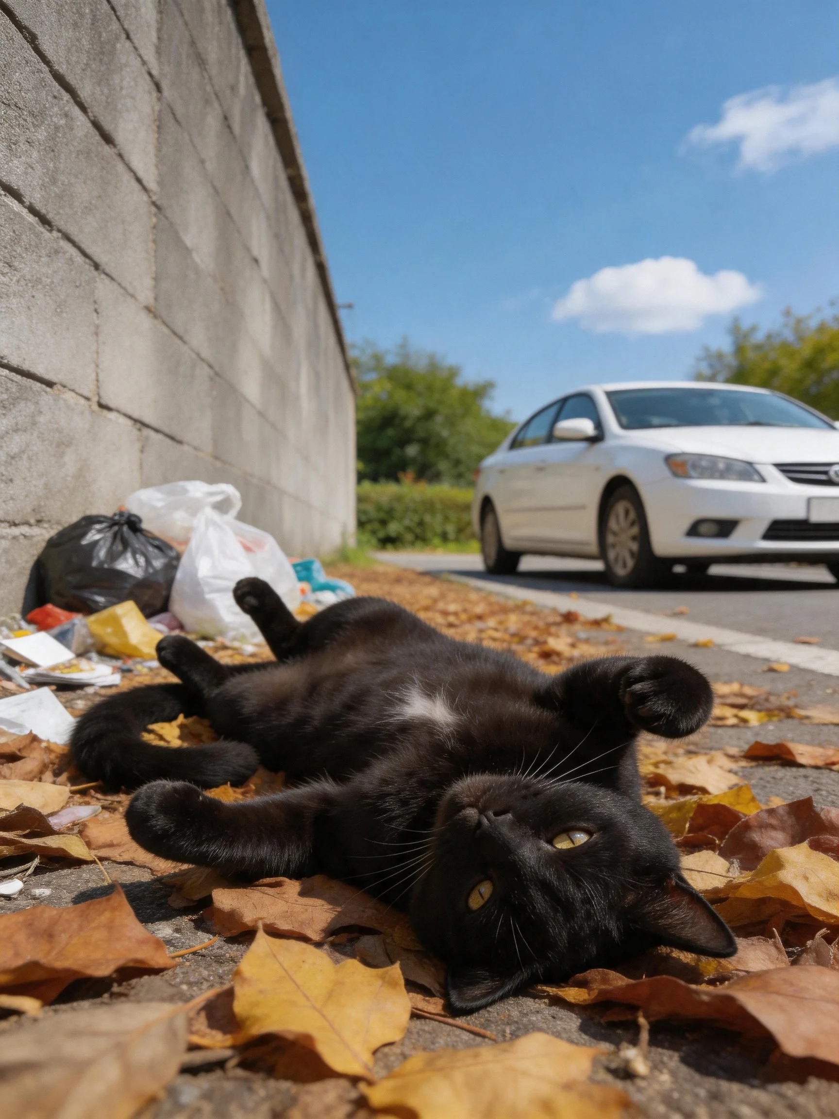 A black cat relaxes amid autumn leaves by a concrete wall with litter.