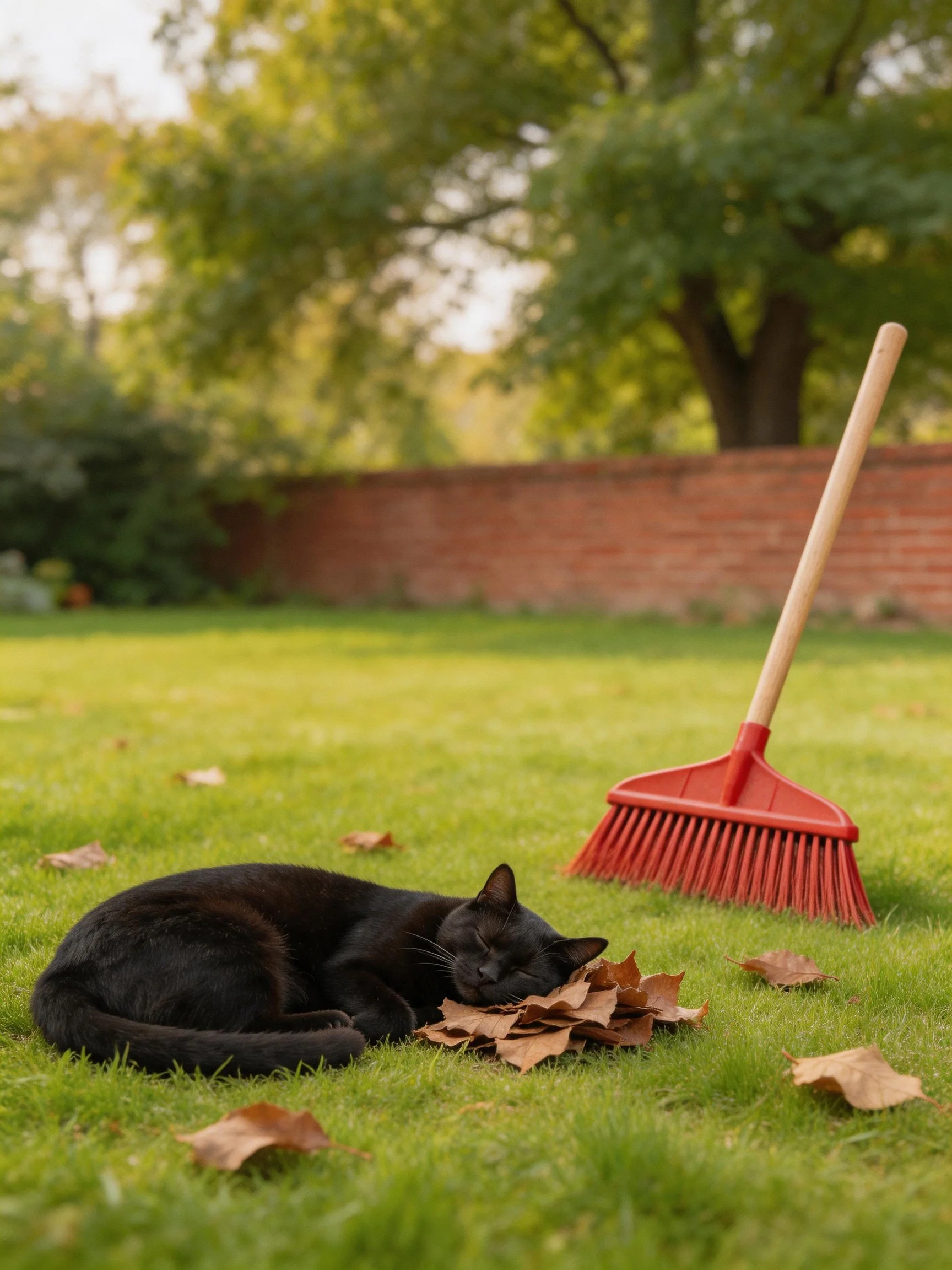 A black cat resting near a red broom with brown leaves on green grass