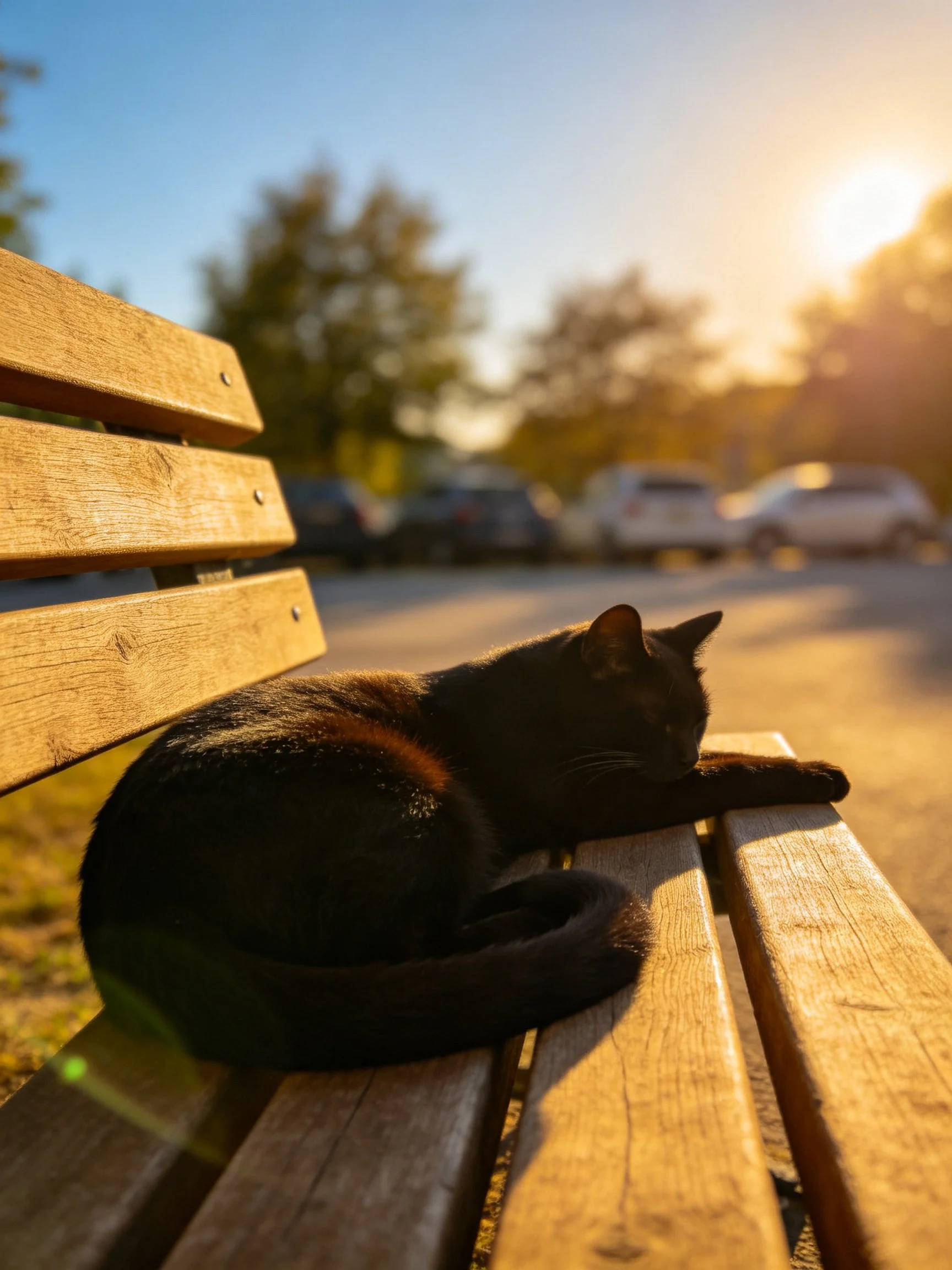 A black cat resting on a wooden bench in golden-hour sunlight