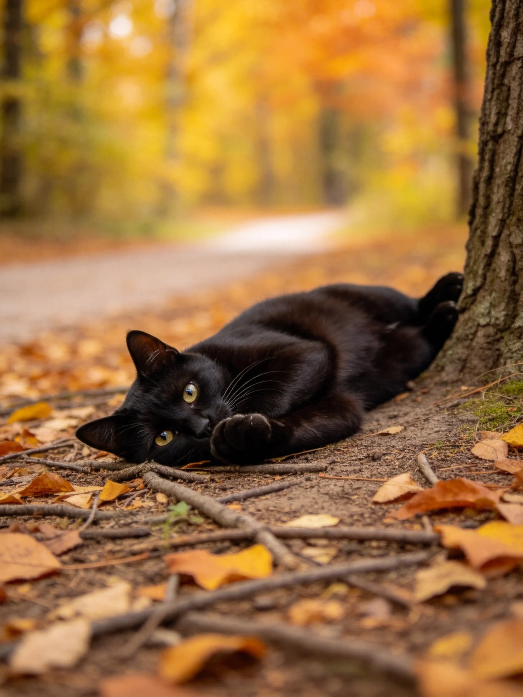 A black cat rests near a tree amid fallen autumn leaves
