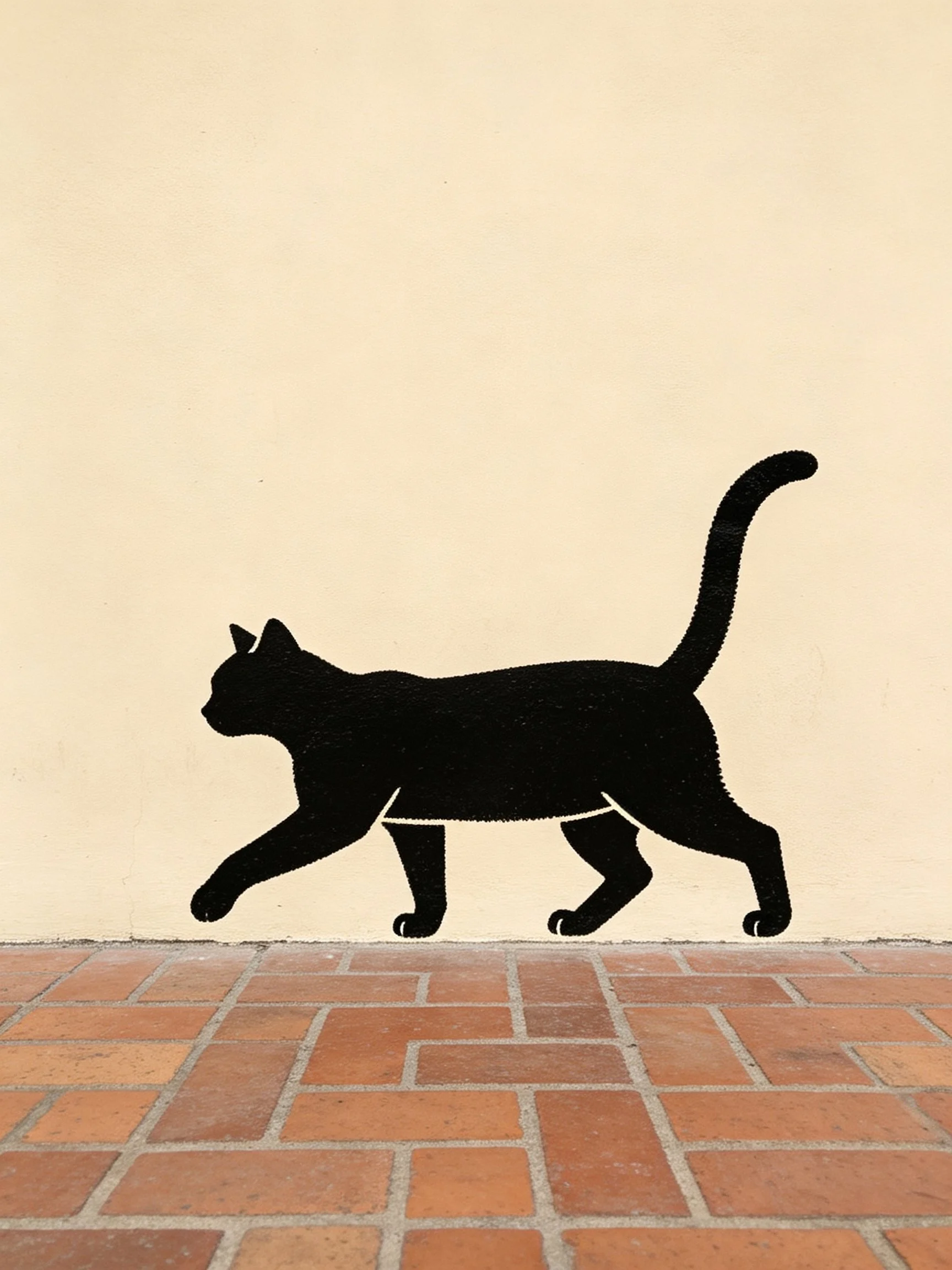 A black cat silhouette on a beige wall with brick pavement