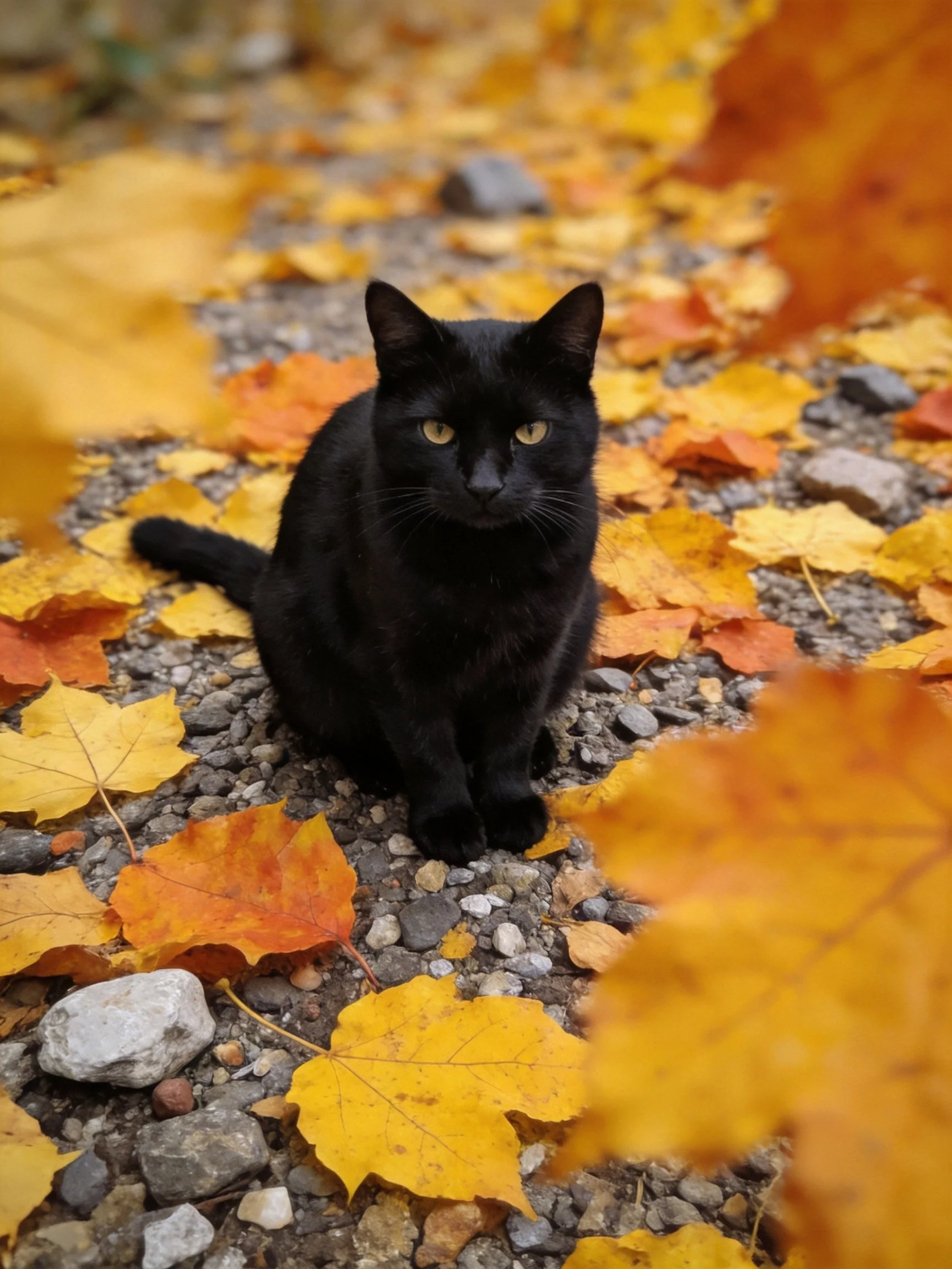 A black cat sits among colorful autumn leaves and gravel.