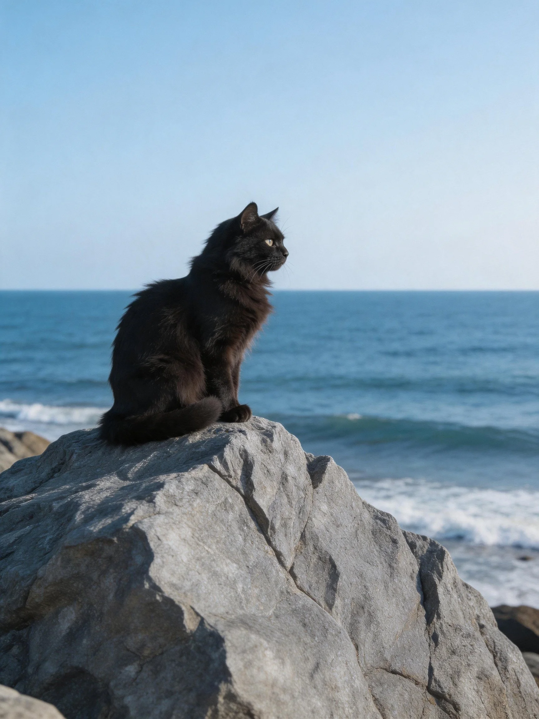 A black cat sits atop a substantial gray rock by the ocean