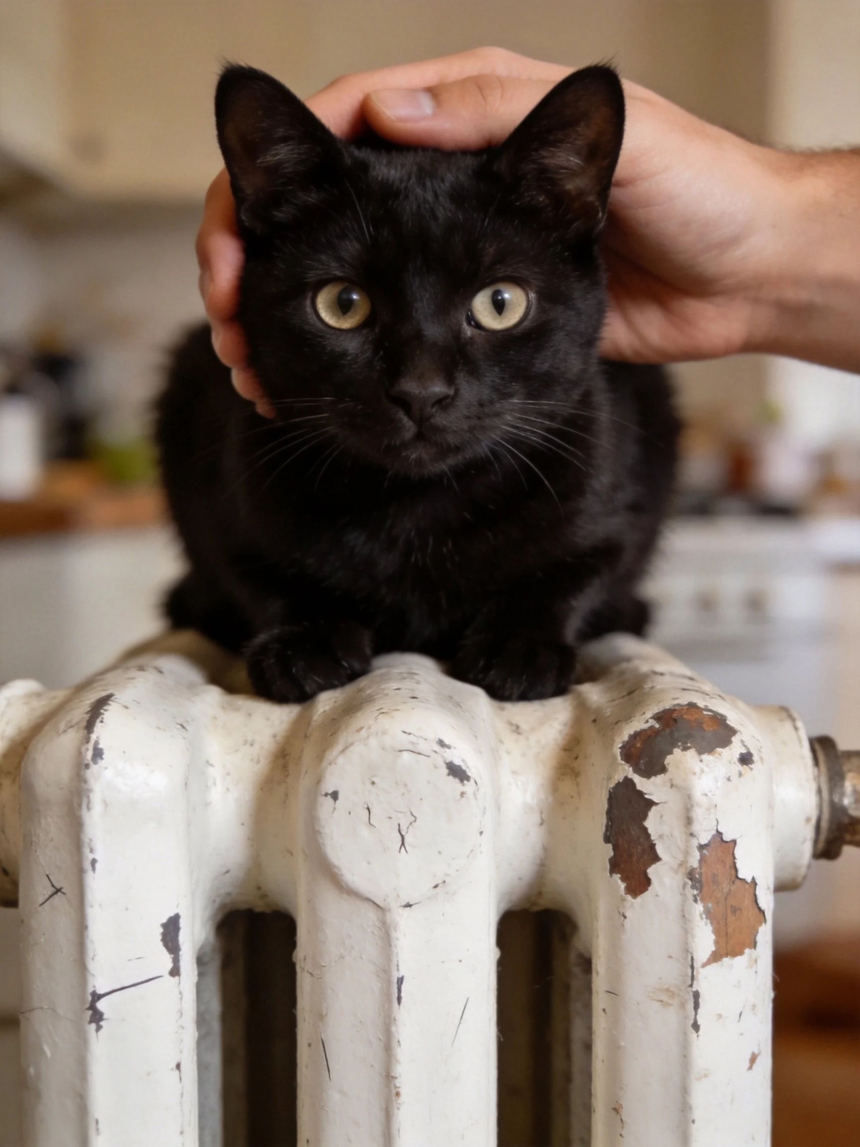 A black cat sits atop an aged white radiator with a hand petting it