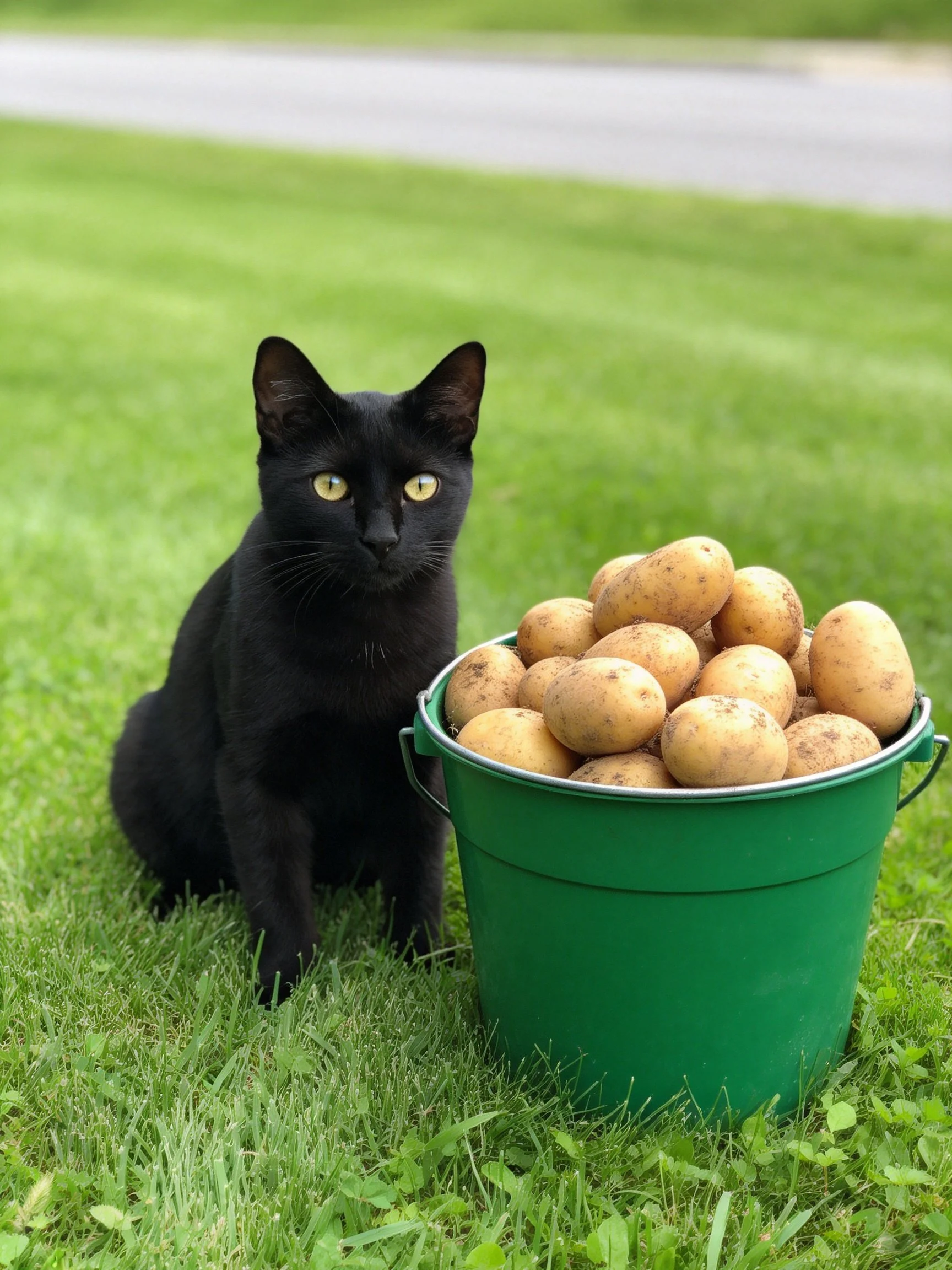 A black cat sits beside a green bucket filled with potatoes on grass