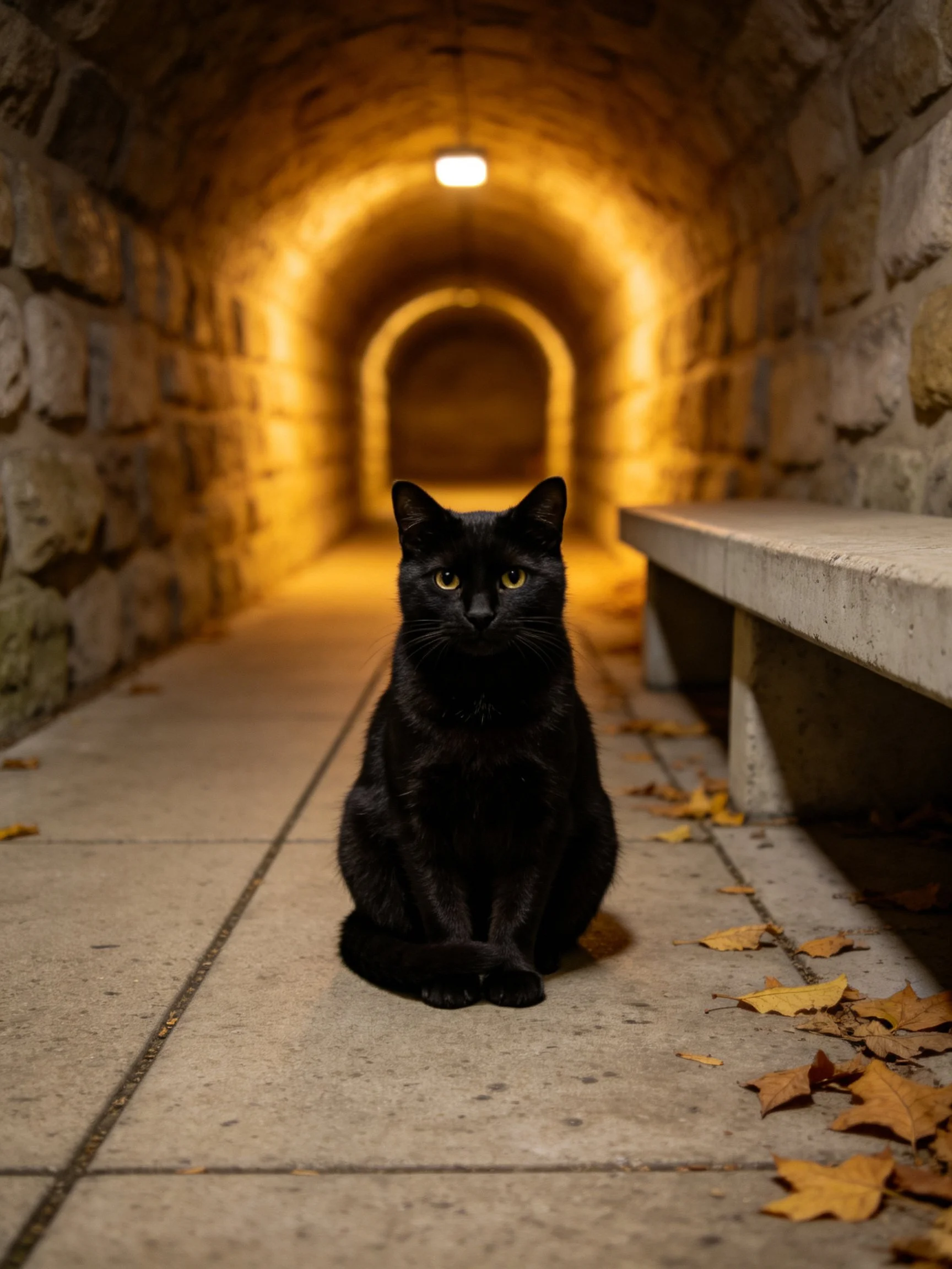 A black cat sits in a lit stone tunnel with scattered autumn leaves