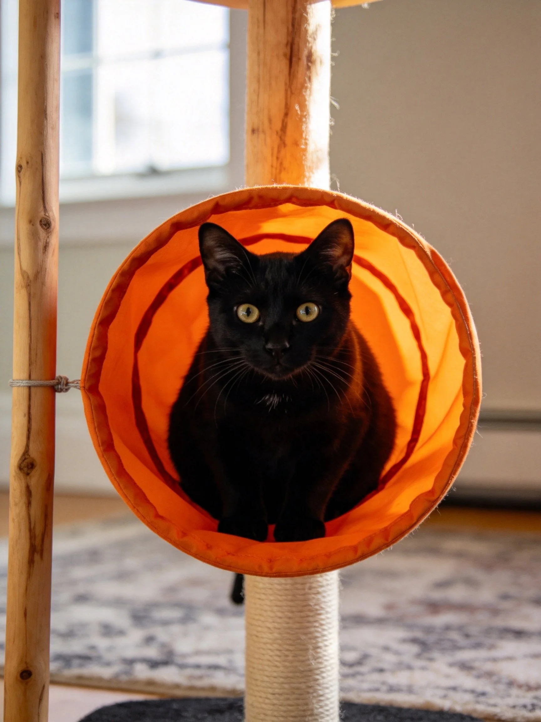 A black cat sits in an orange fabric tunnel on a wooden cat tree