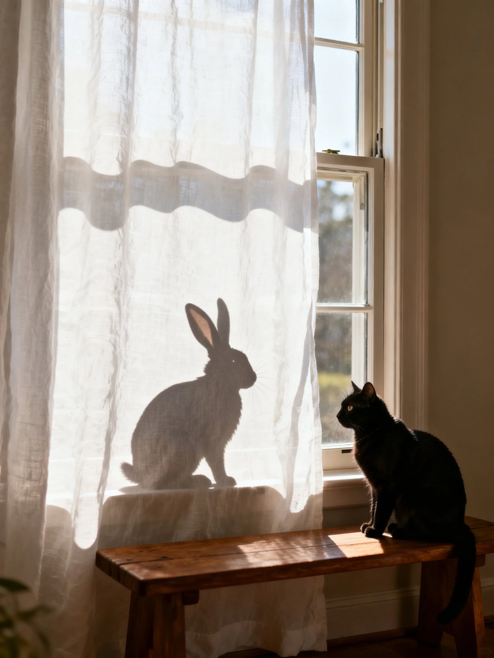A black cat sits near a window with a rabbit’s shadow on sheer curtains