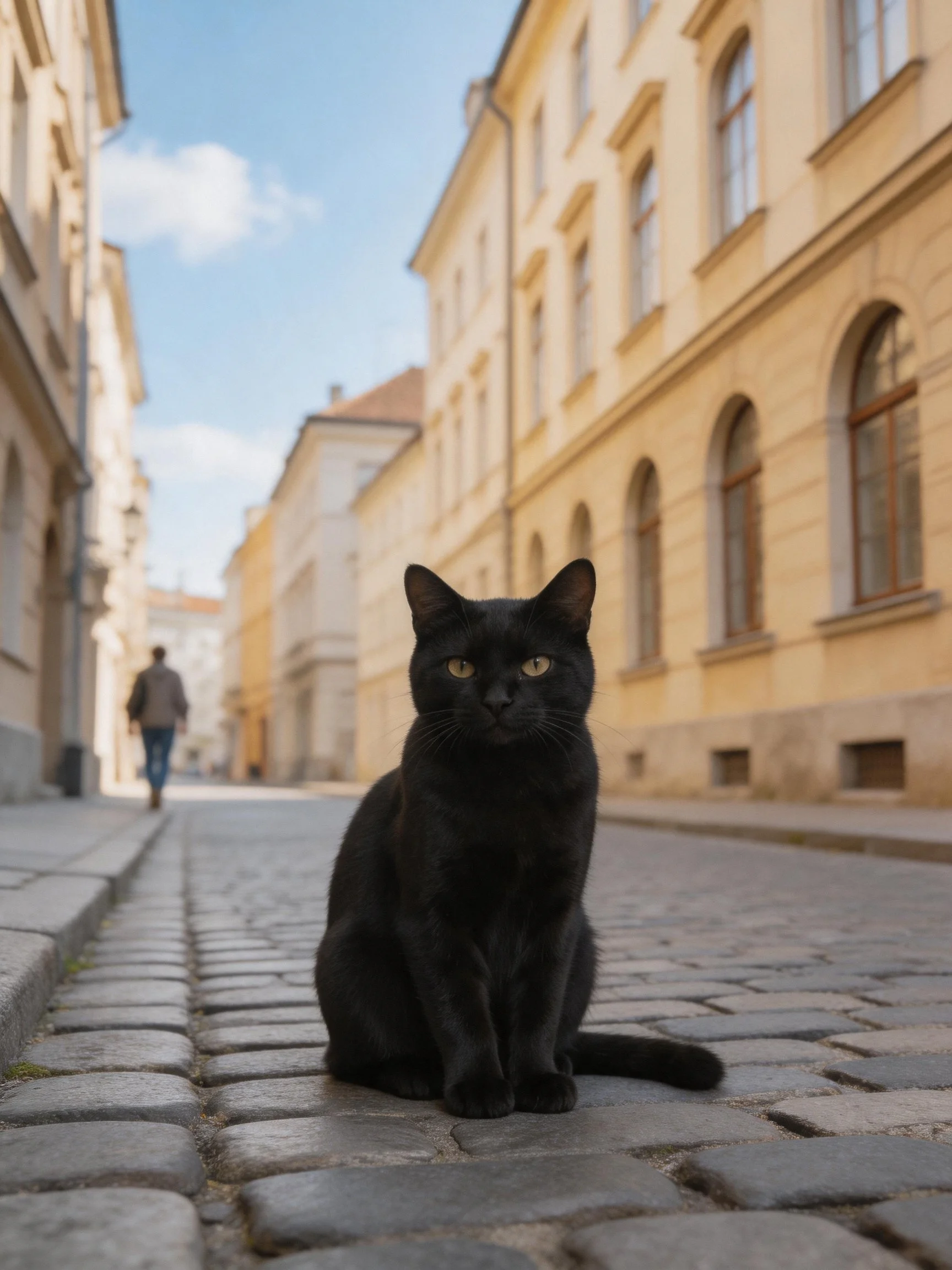 A black cat sits on a cobblestone street between historic buildings