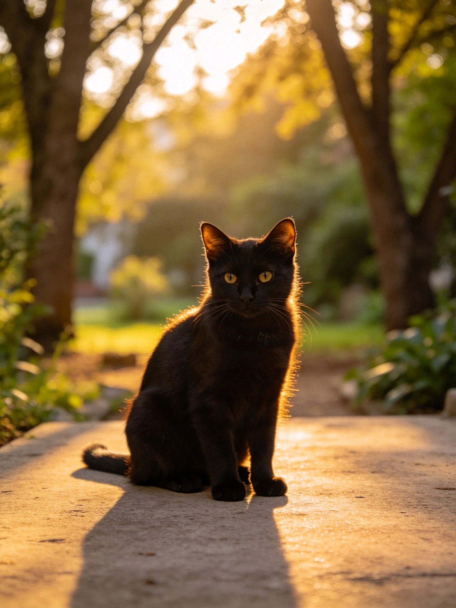 A black cat sits on a path bathed in golden sunlight among trees