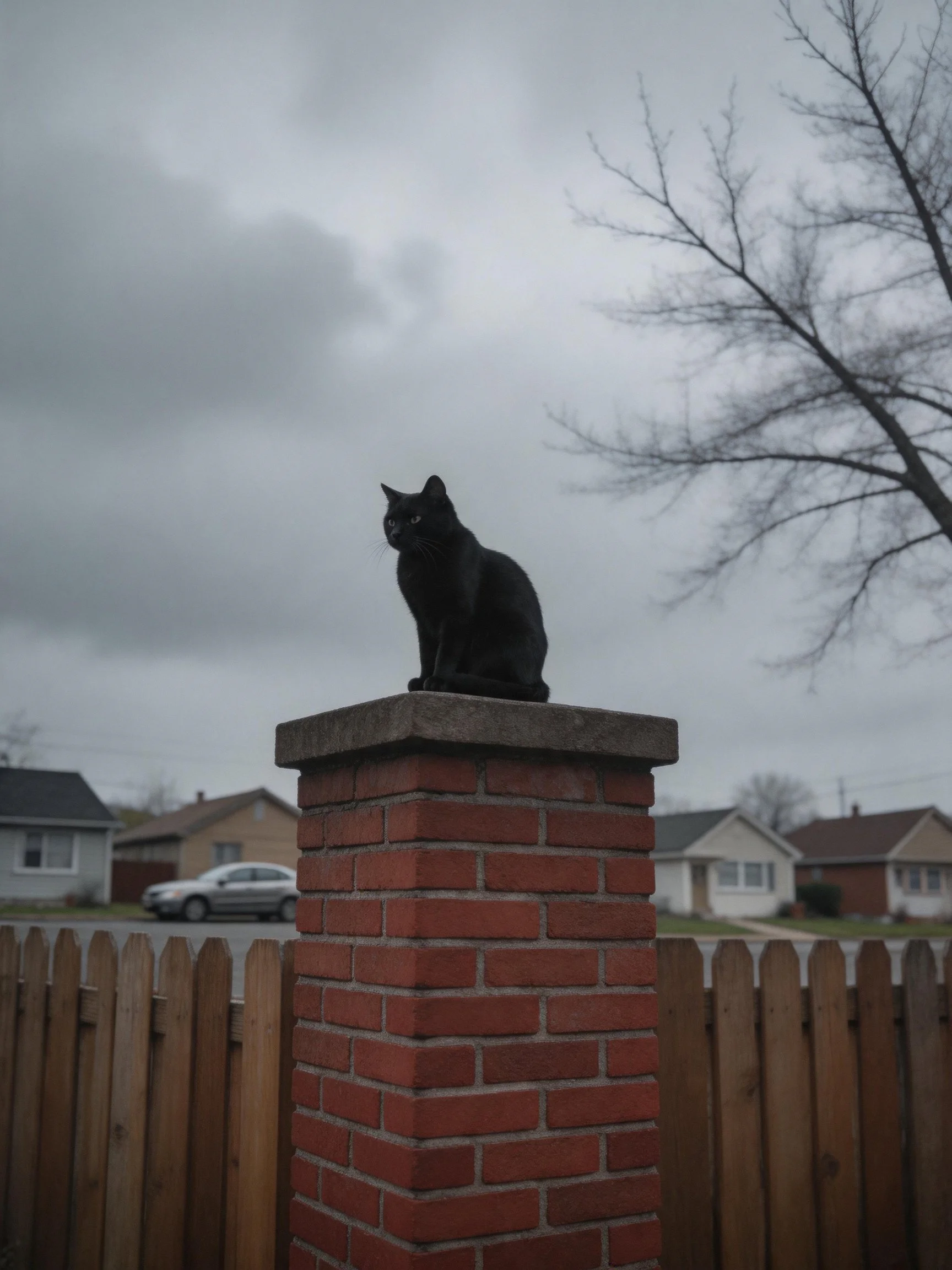 A black cat rests on a red brick fence post in a suburban area with cloudy skies