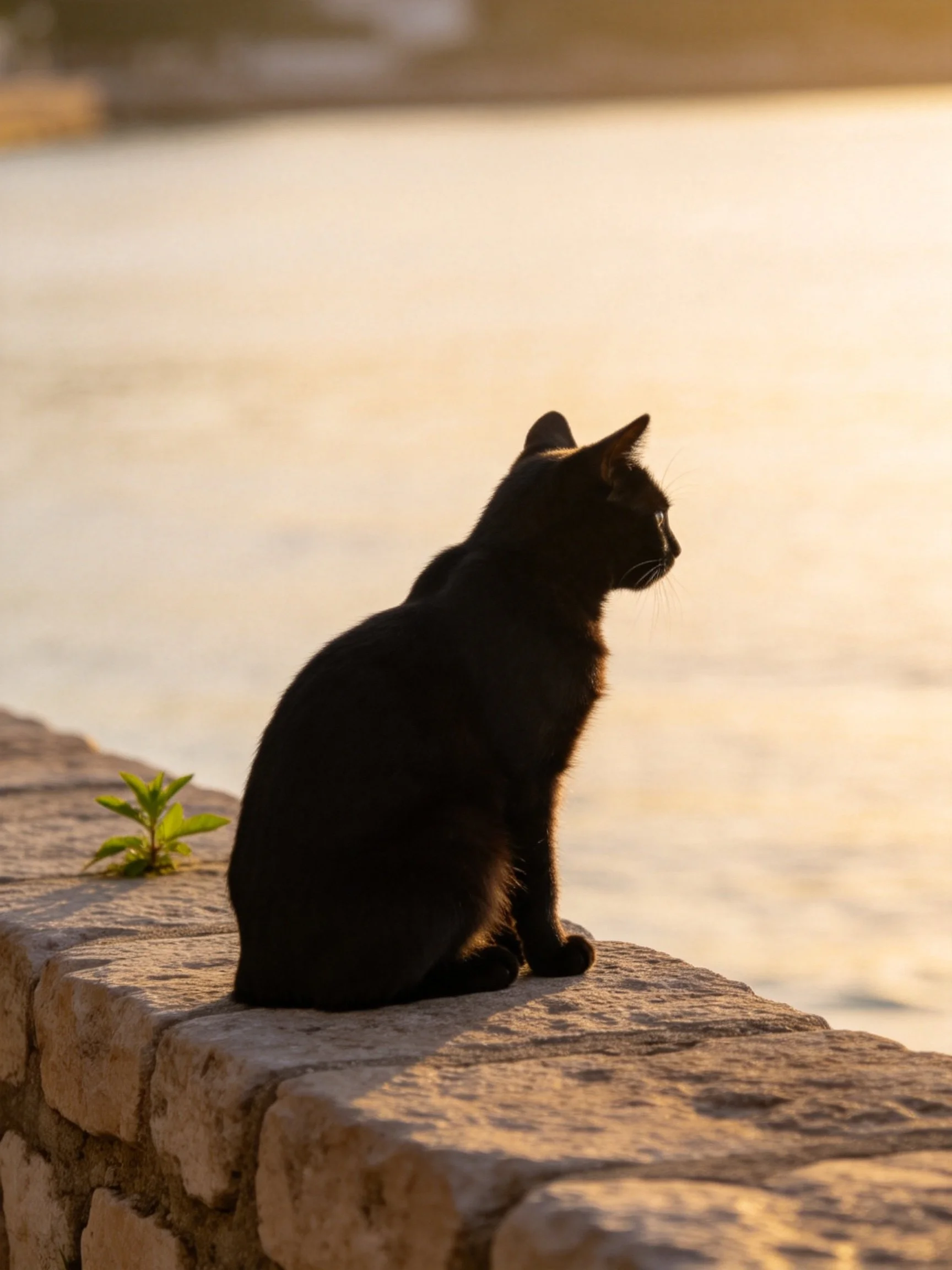 A black cat sits on a stone ledge by calm water at golden hour