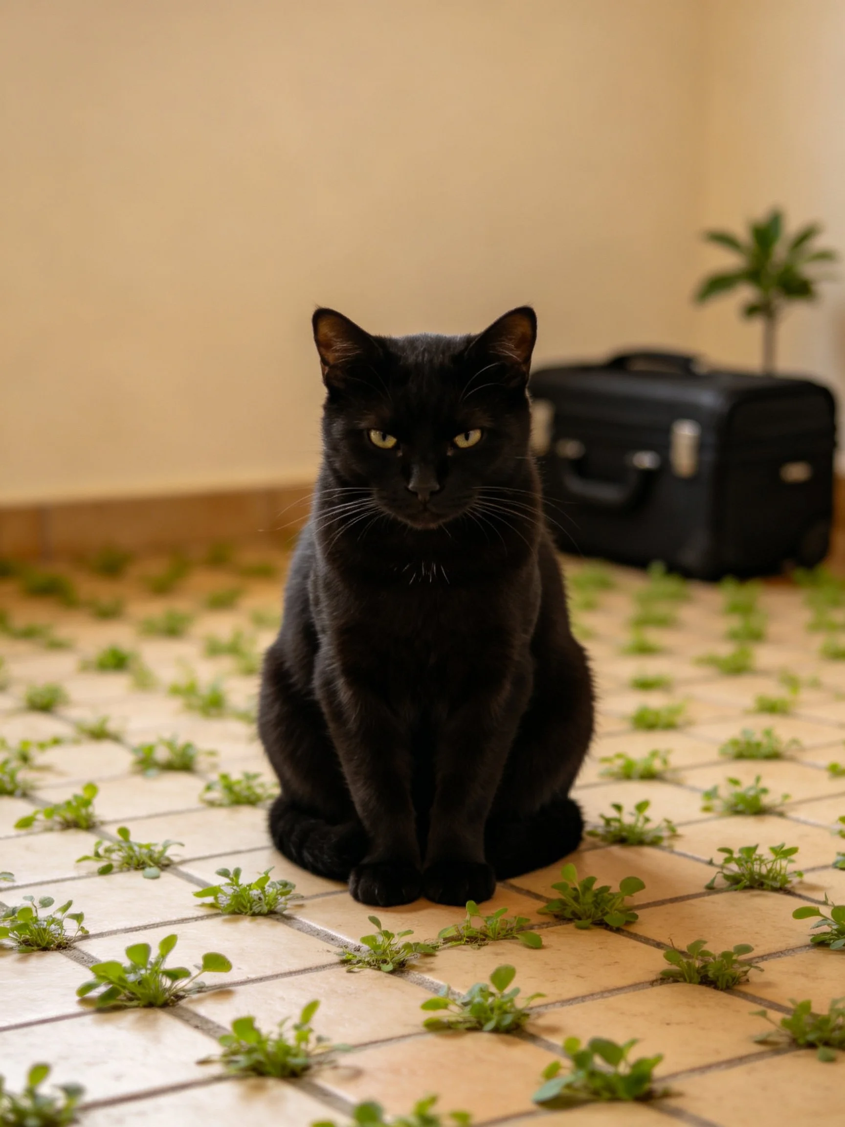A black cat sits on a tile floor with scattered greenery