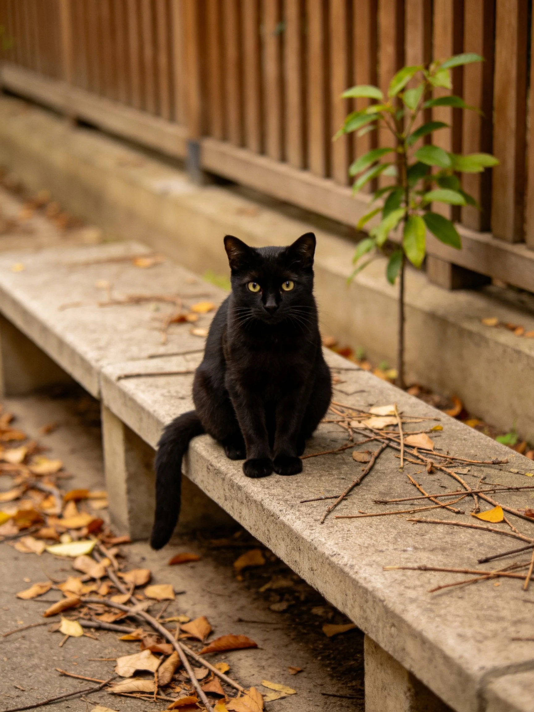 A black cat sits on a weathered concrete bench amid autumn leaves and twigs