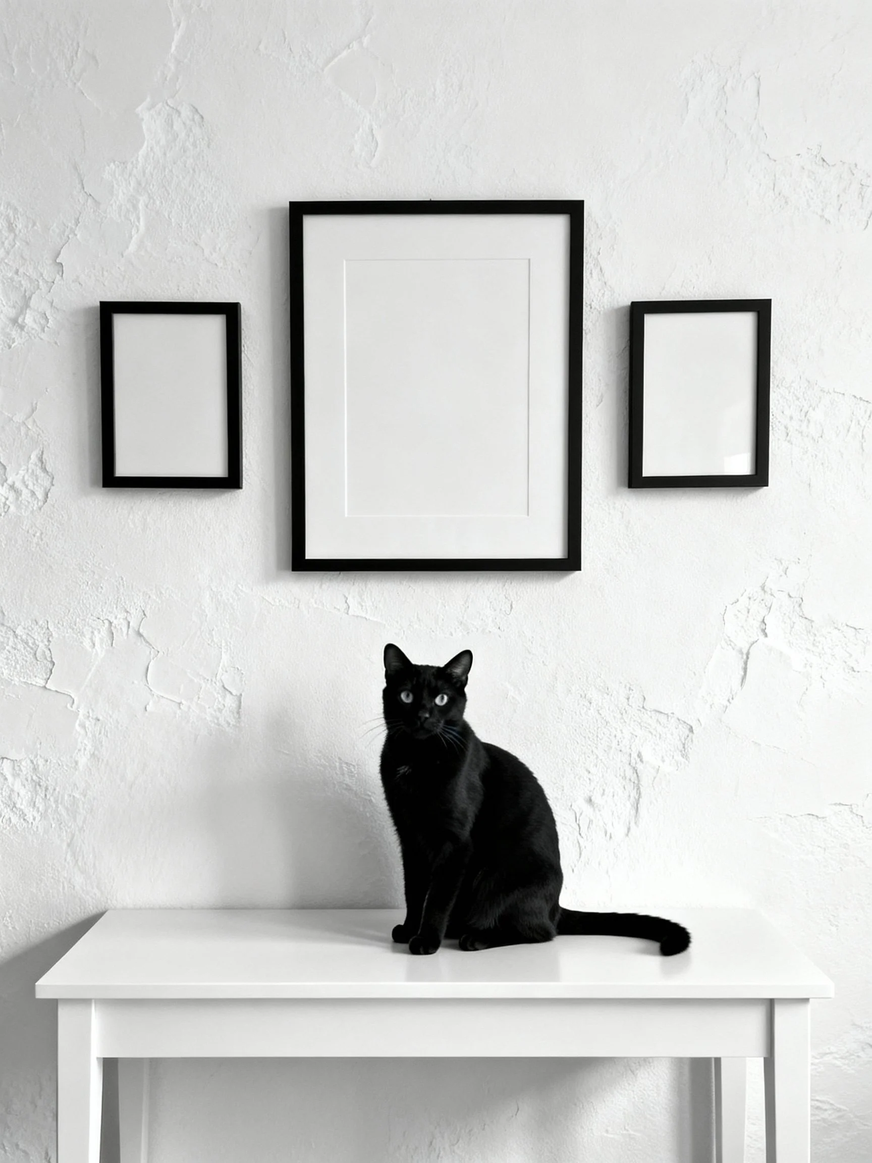A black cat sits on a white table near a white wall with three black frames
