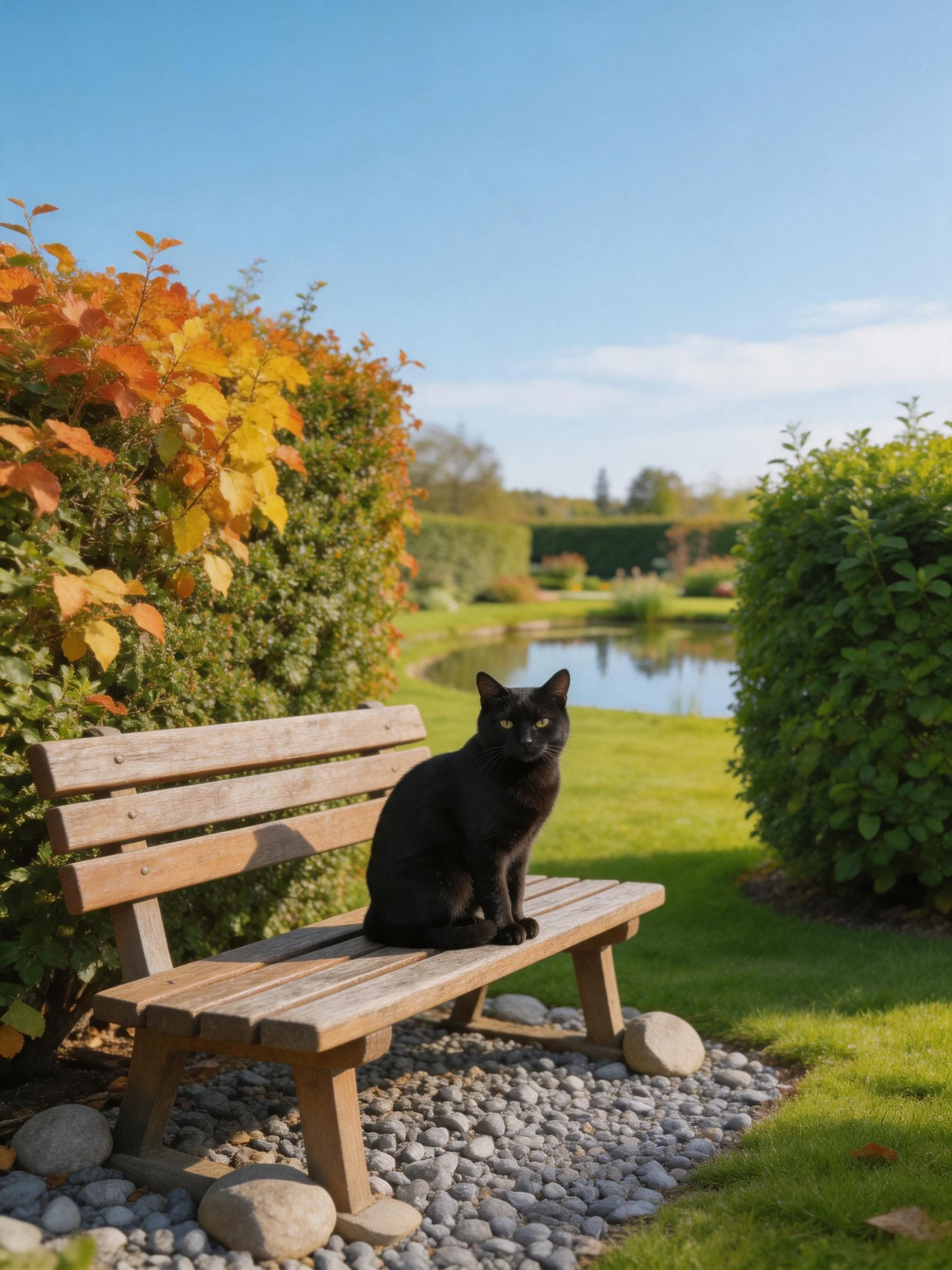A black cat sits on a wooden bench by colorful shrubs and a pond