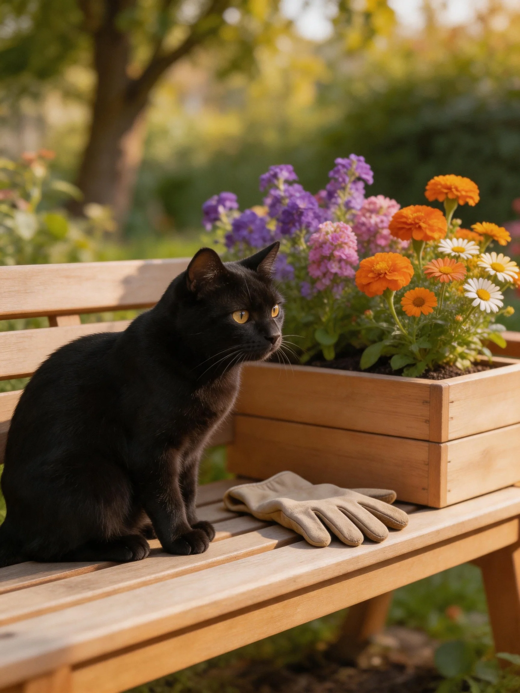 A black cat sits on a wooden bench near vibrant flower planters