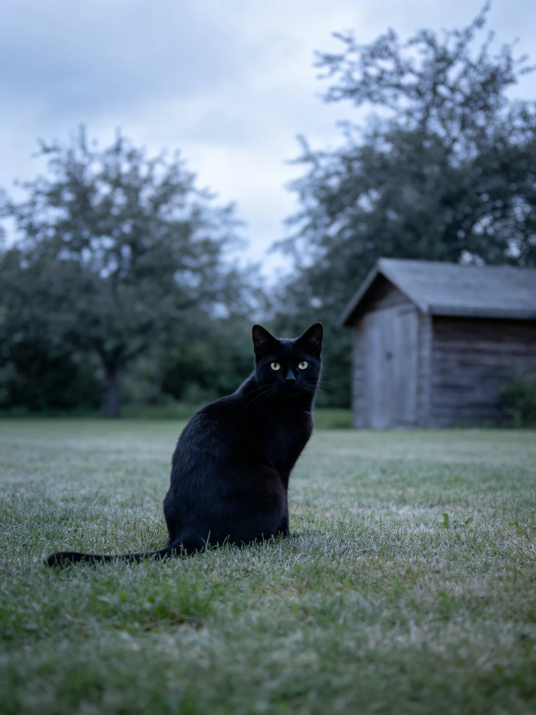A black cat sits on grass near a weathered shed under overcast sky