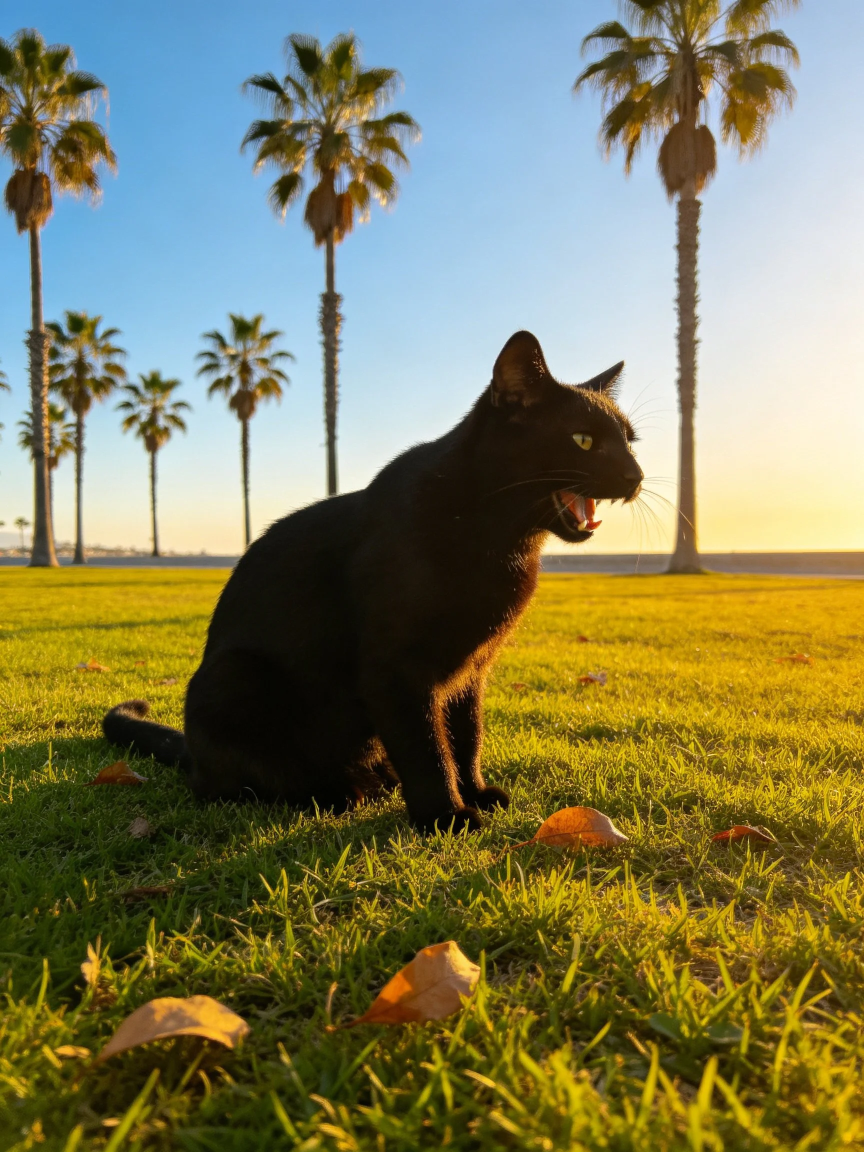 A black cat sits on green grass near tall palm trees under golden light
