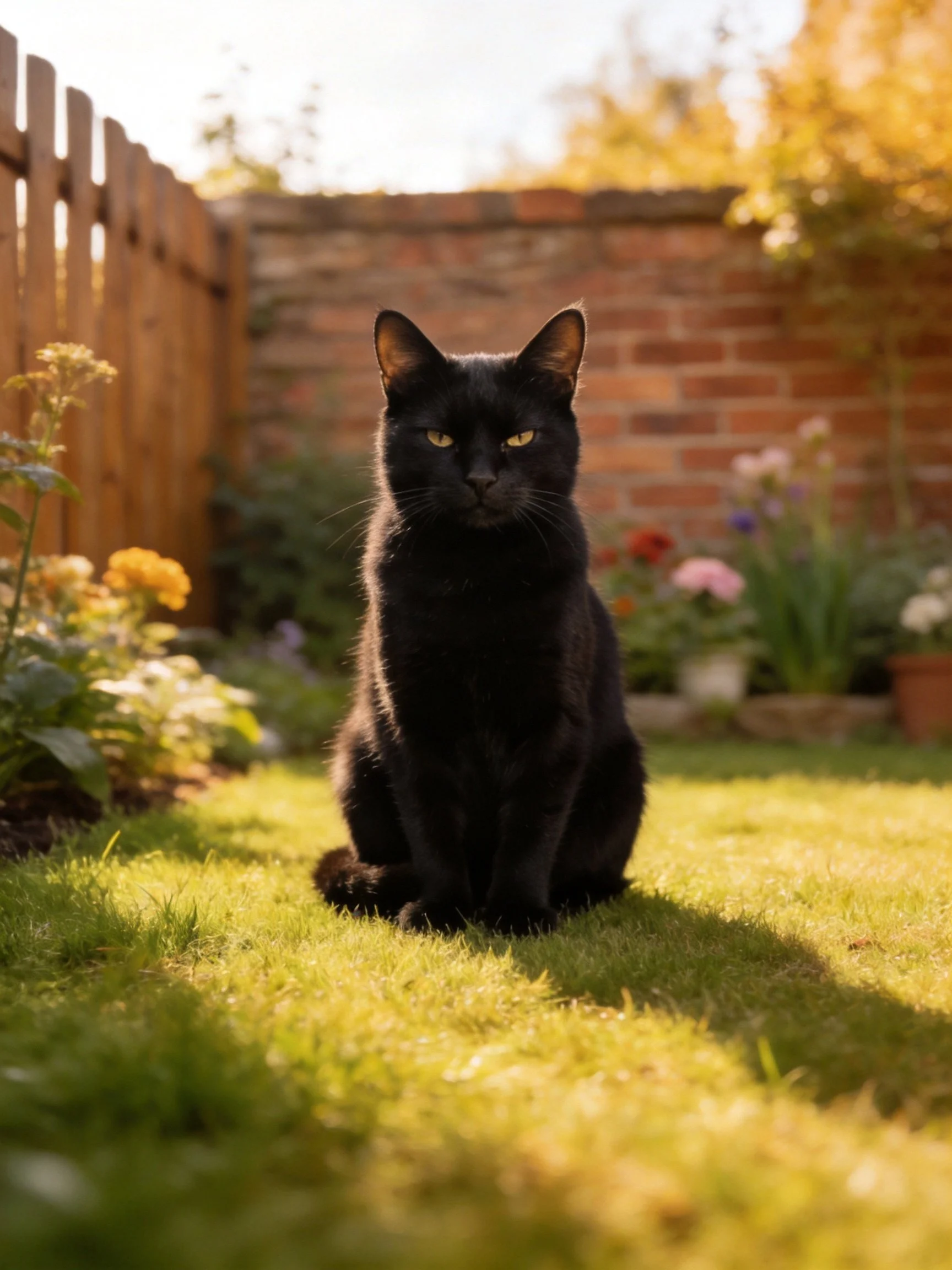 A black cat sits on lush green grass near a brick wall and wooden fence