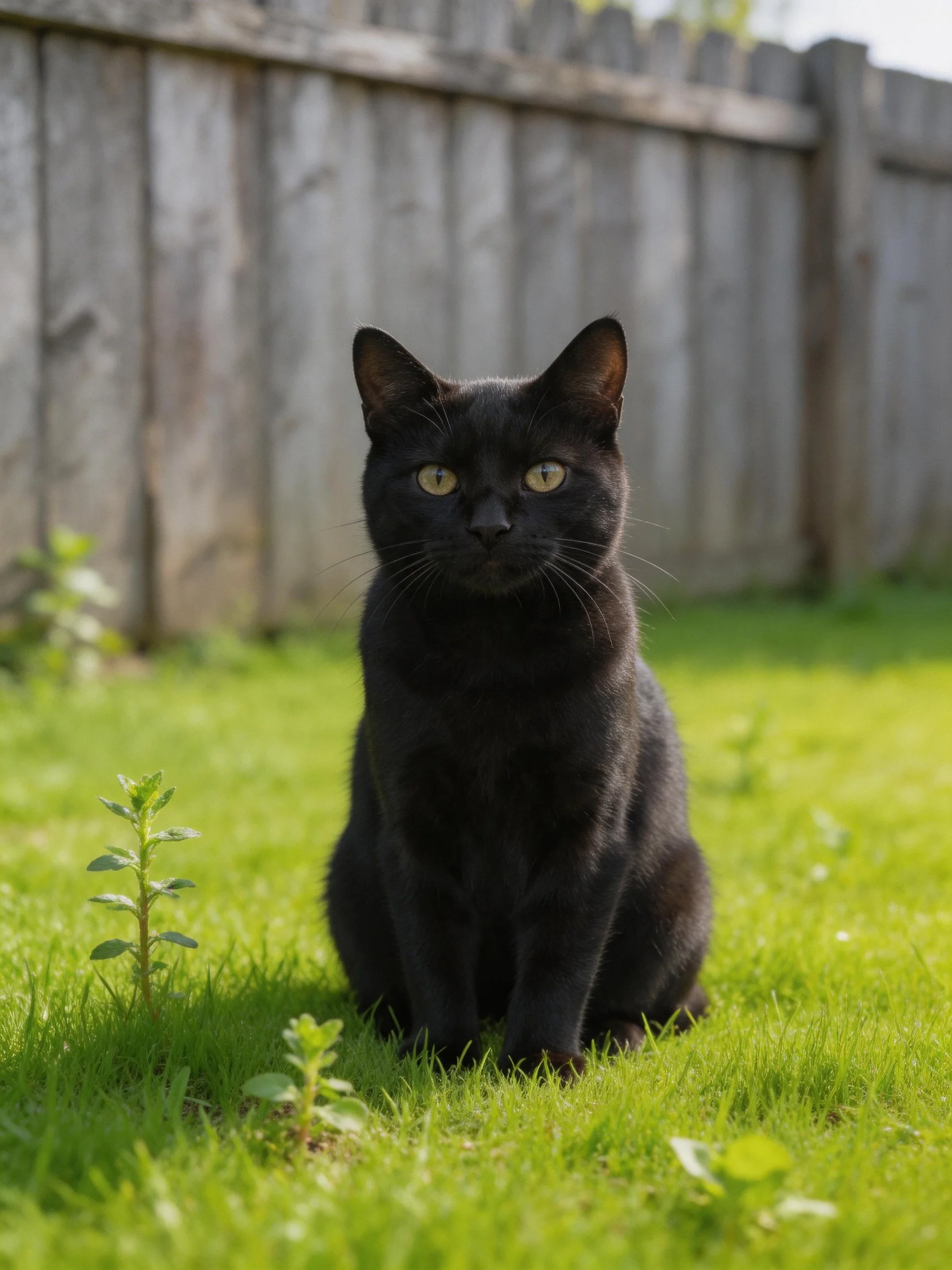 A black cat sits on vibrant green grass near an aged wooden fence