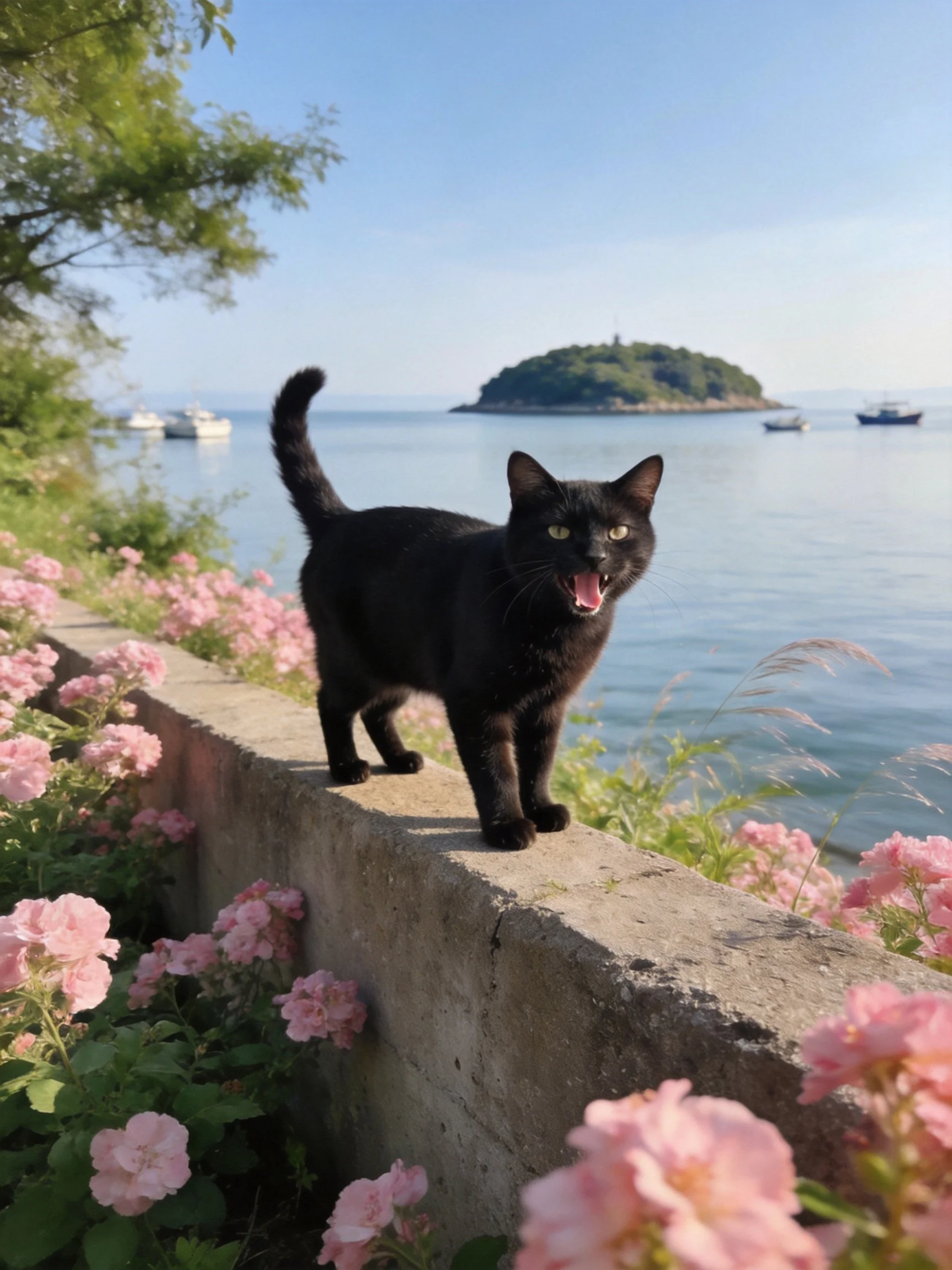 A black cat stands on a stone wall near pink flowers by calm water