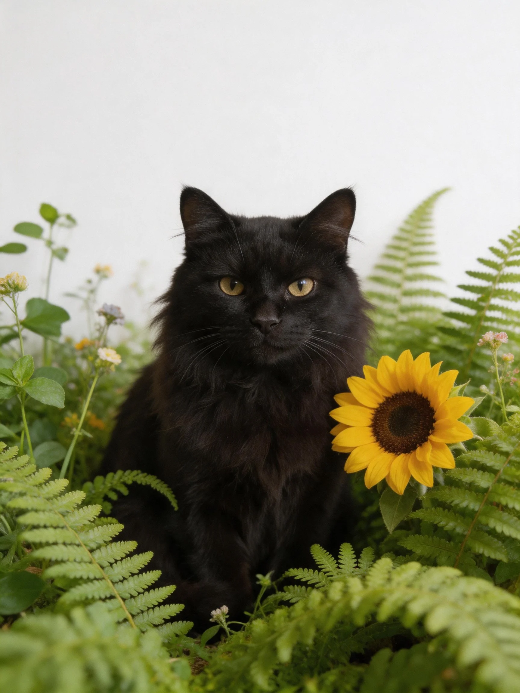 A black cat surrounded by ferns and a bright sunflower