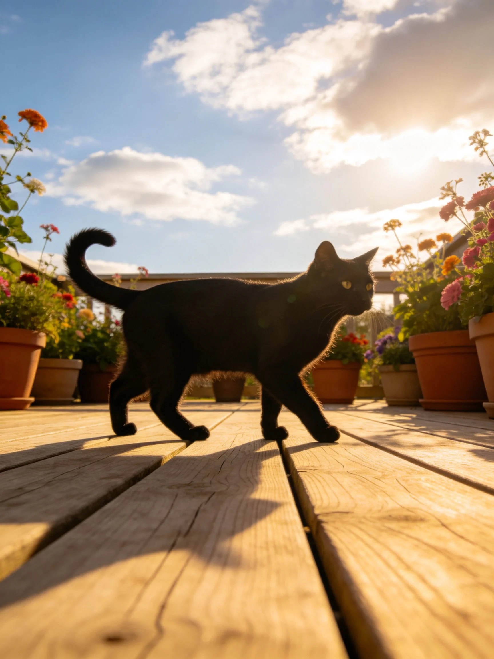 A black cat walks on a wooden deck amid colorful flower pots under bright sunlight