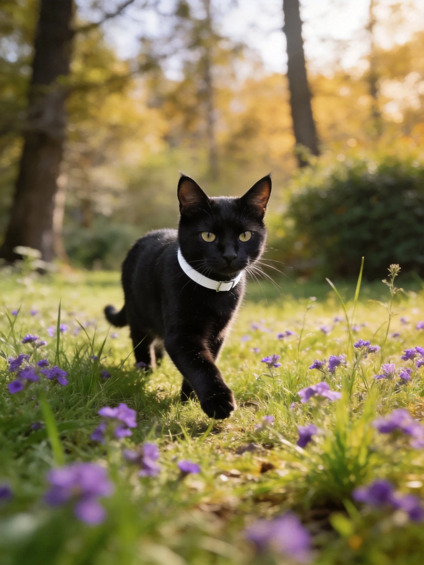 A black cat walks through a meadow of purple flowers near trees
