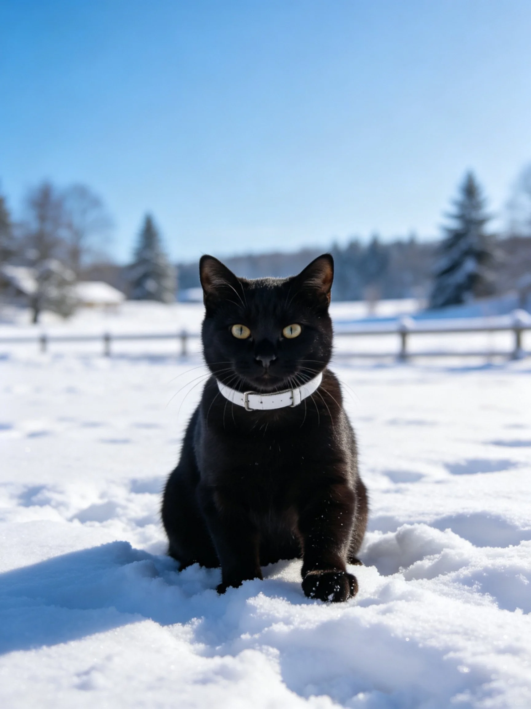 A black cat with a white collar sits in a snowy landscape
