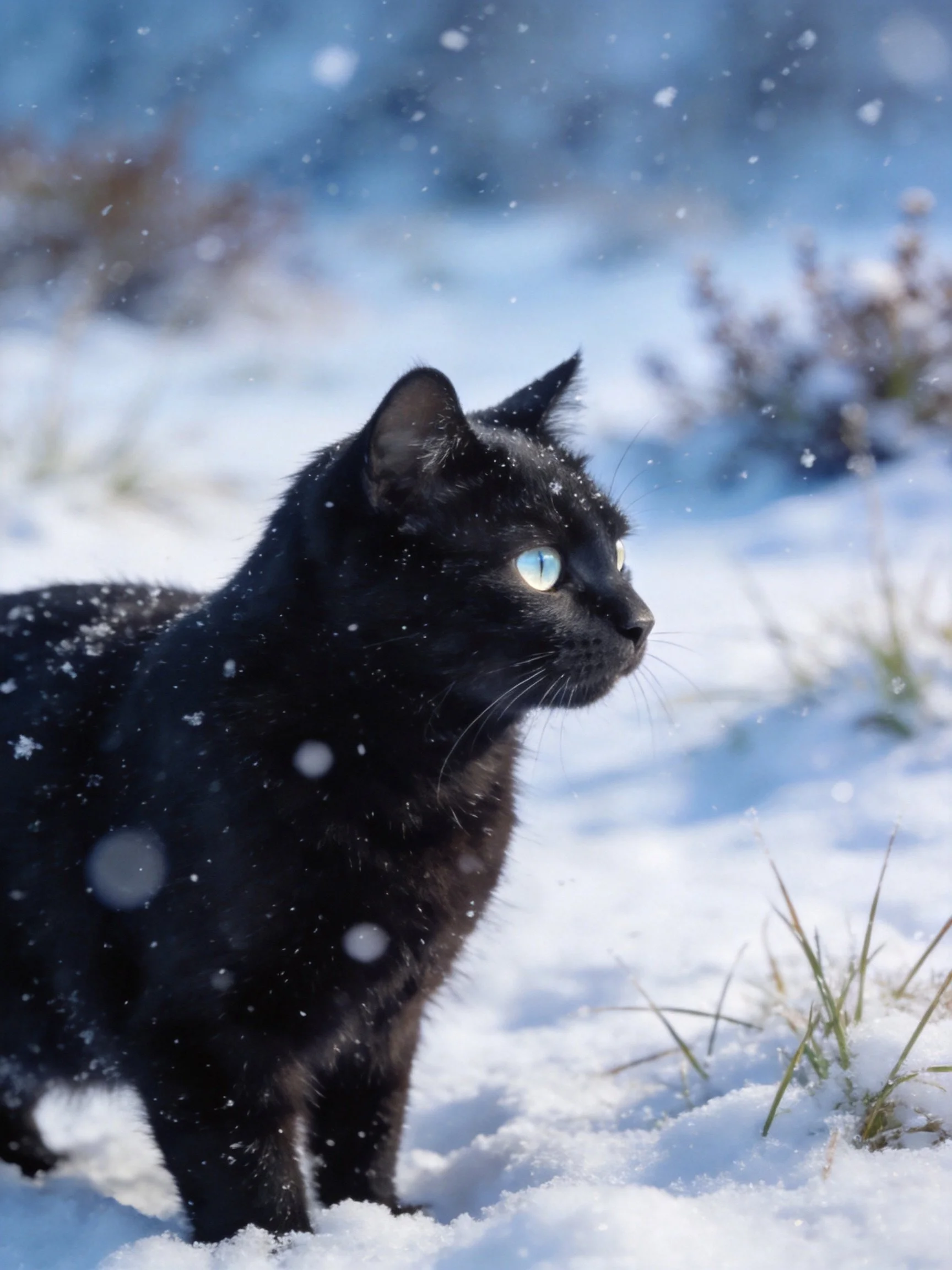 A black cat with bright blue eyes in a snowy outdoor setting