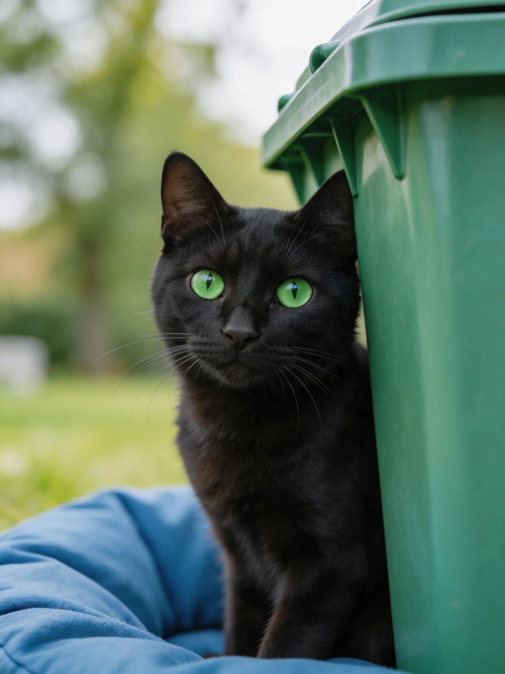 A black cat with bright green eyes sits beside a green bin in an outdoor area.