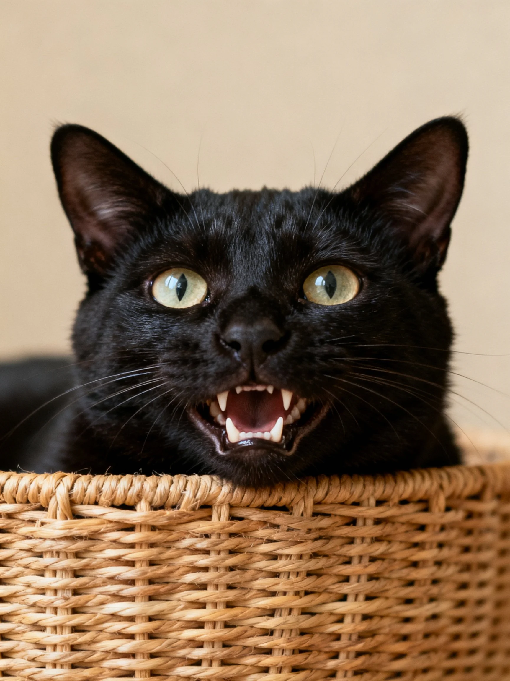 A black cat with green eyes sits alertly in a woven basket.