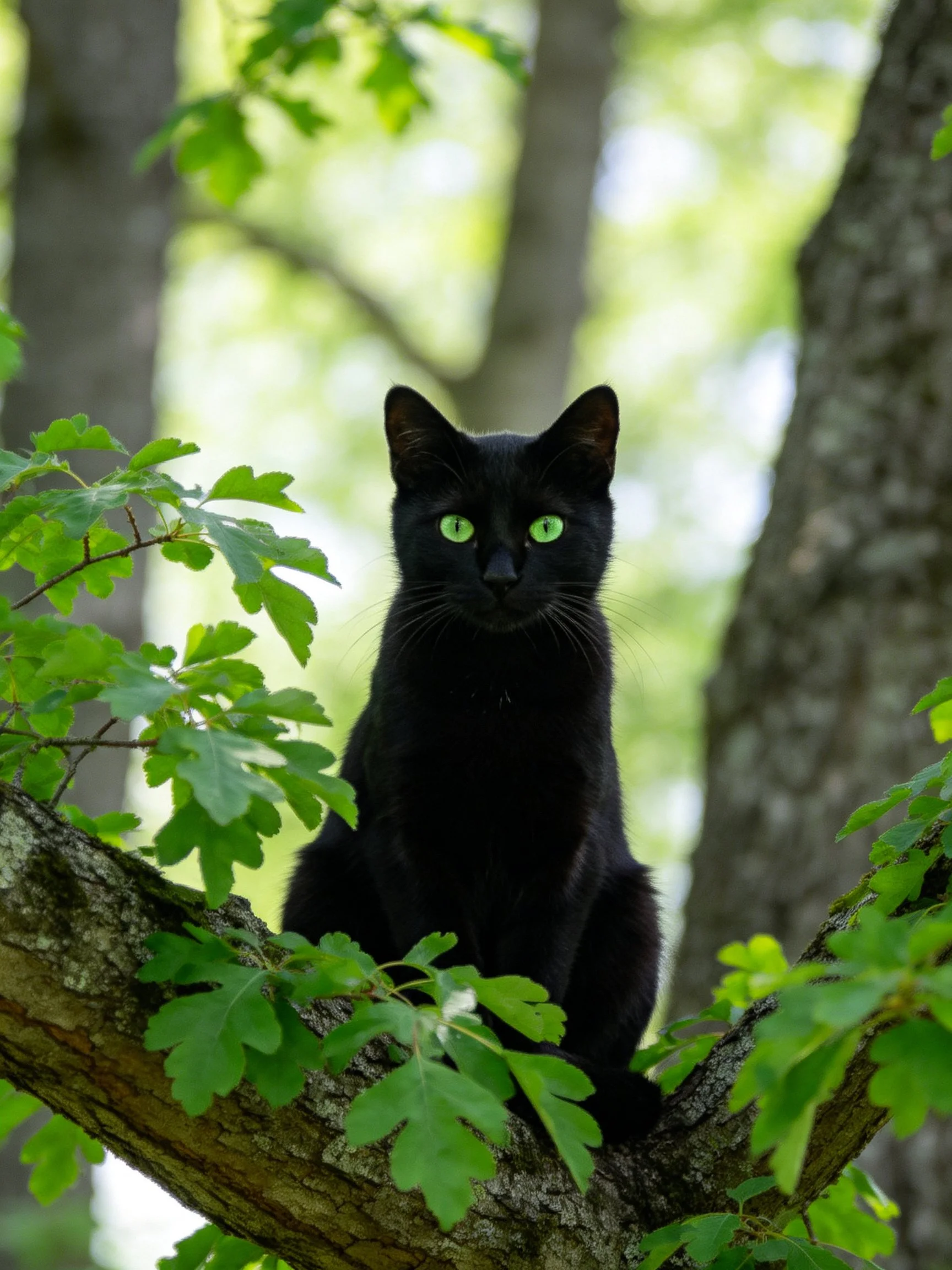A black cat with glowing green eyes sits calmly among trees and foliage.