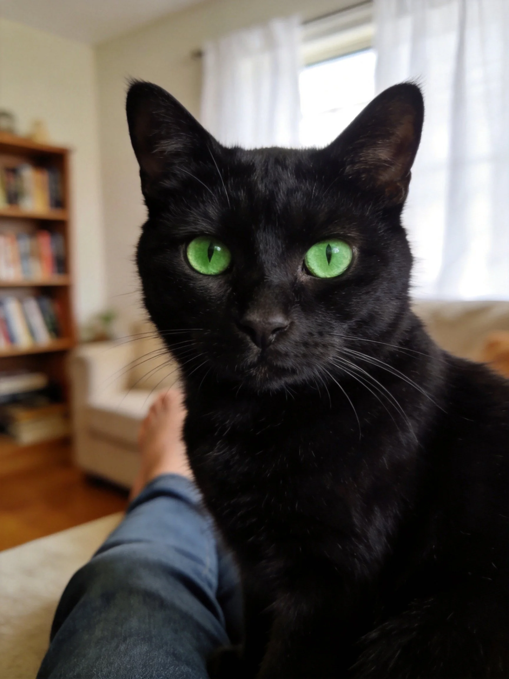 A black cat with green eyes sits near a person in a cozy living room