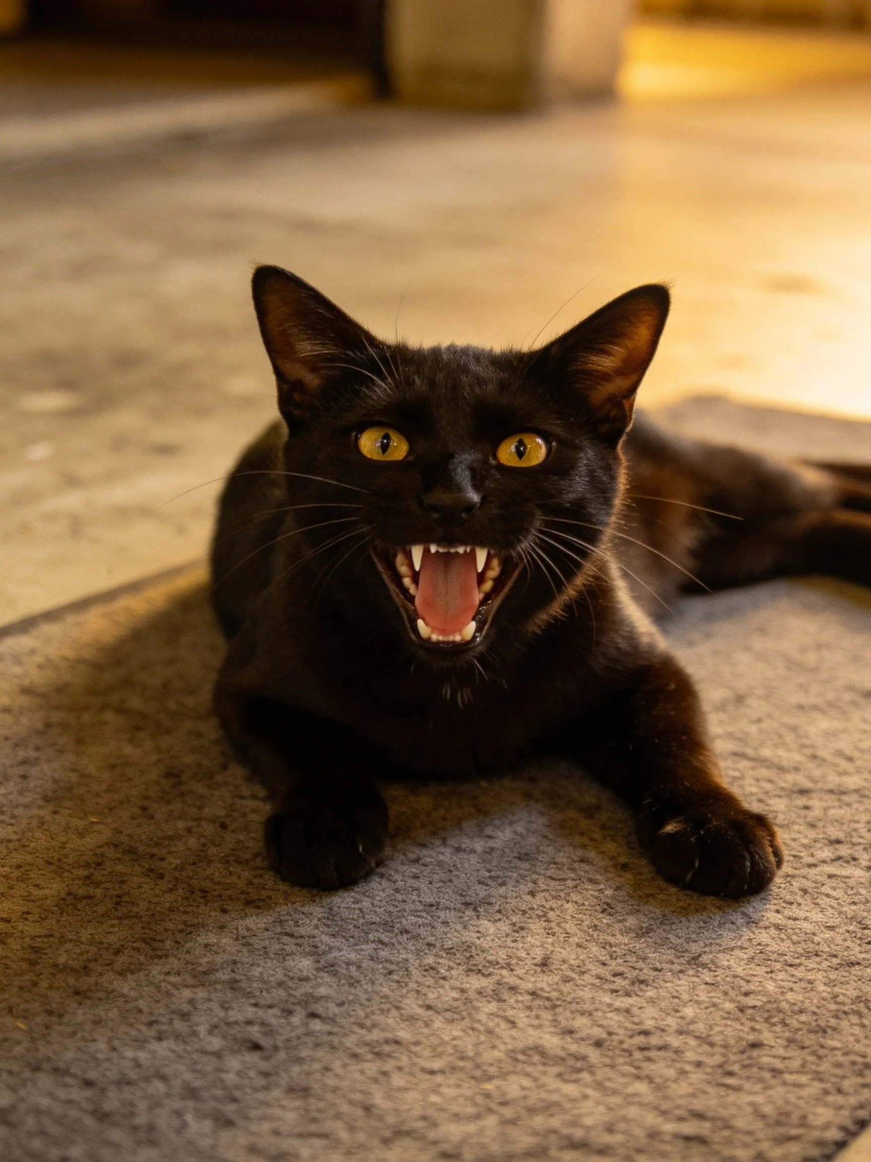 A black cat with yellow eyes lies on a carpet, mouth open