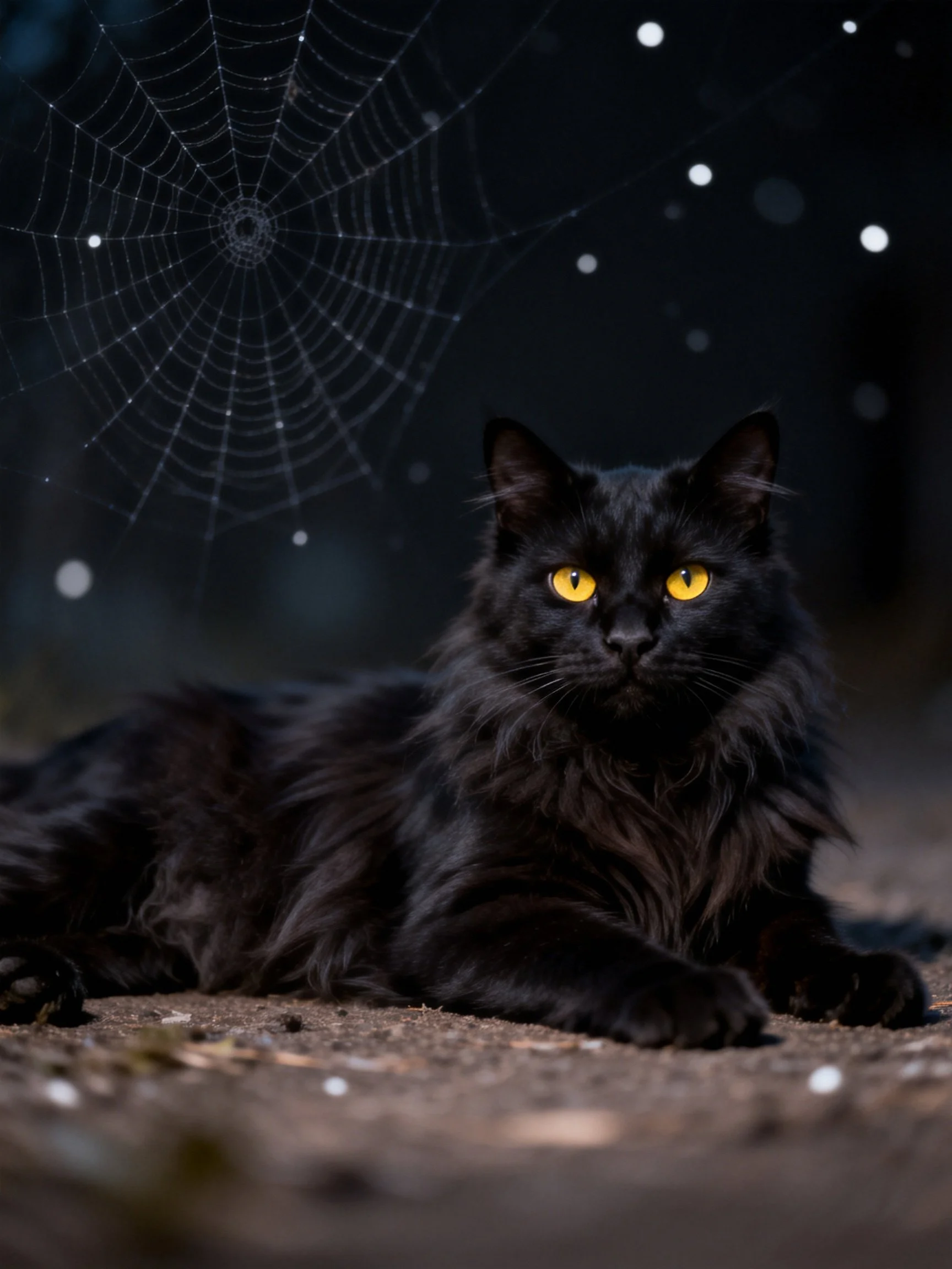 A black cat with striking yellow eyes rests beside a large spider web in a dimly lit setting.