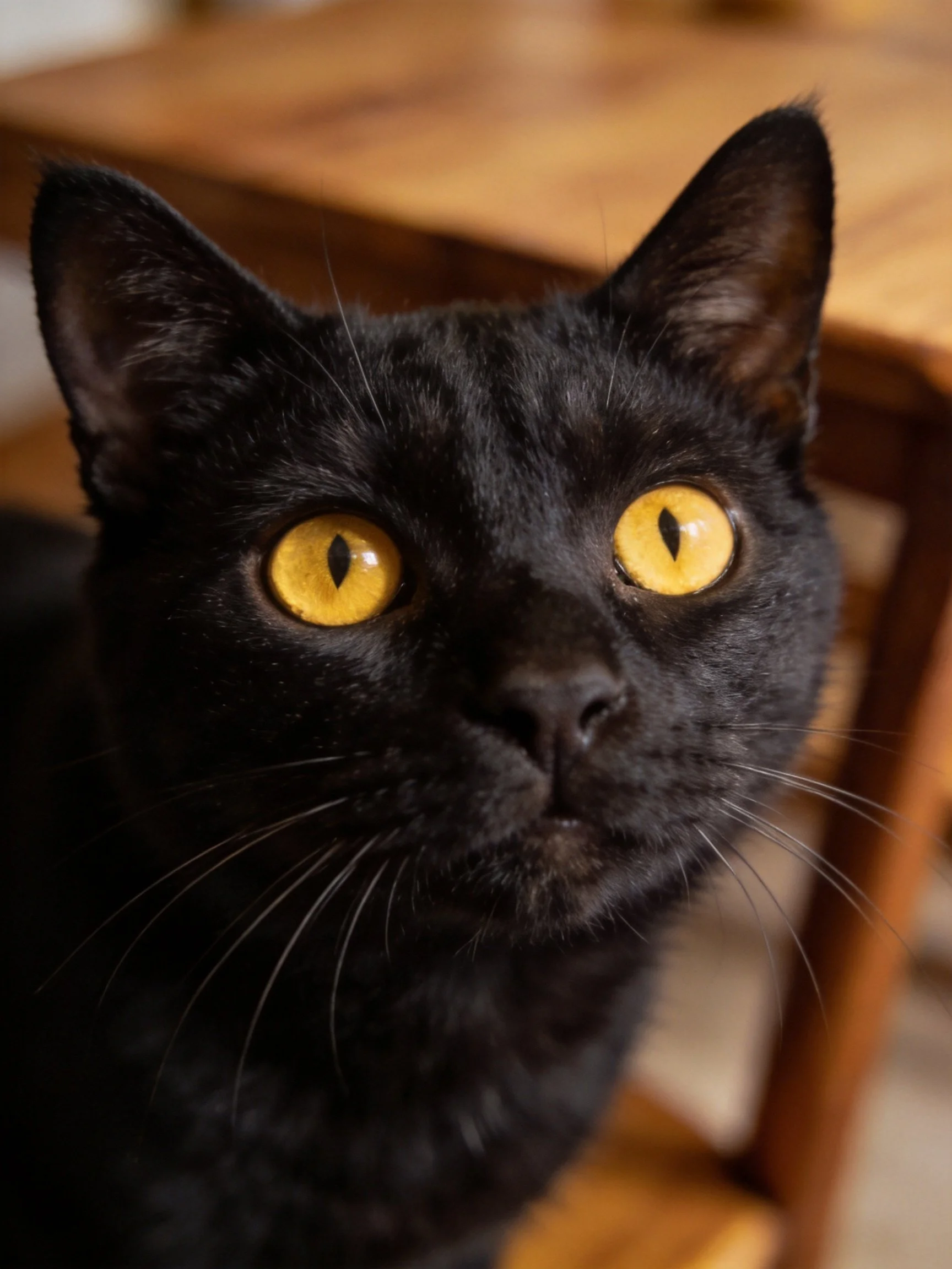 A black cat with vivid yellow eyes rests beside wooden furniture.