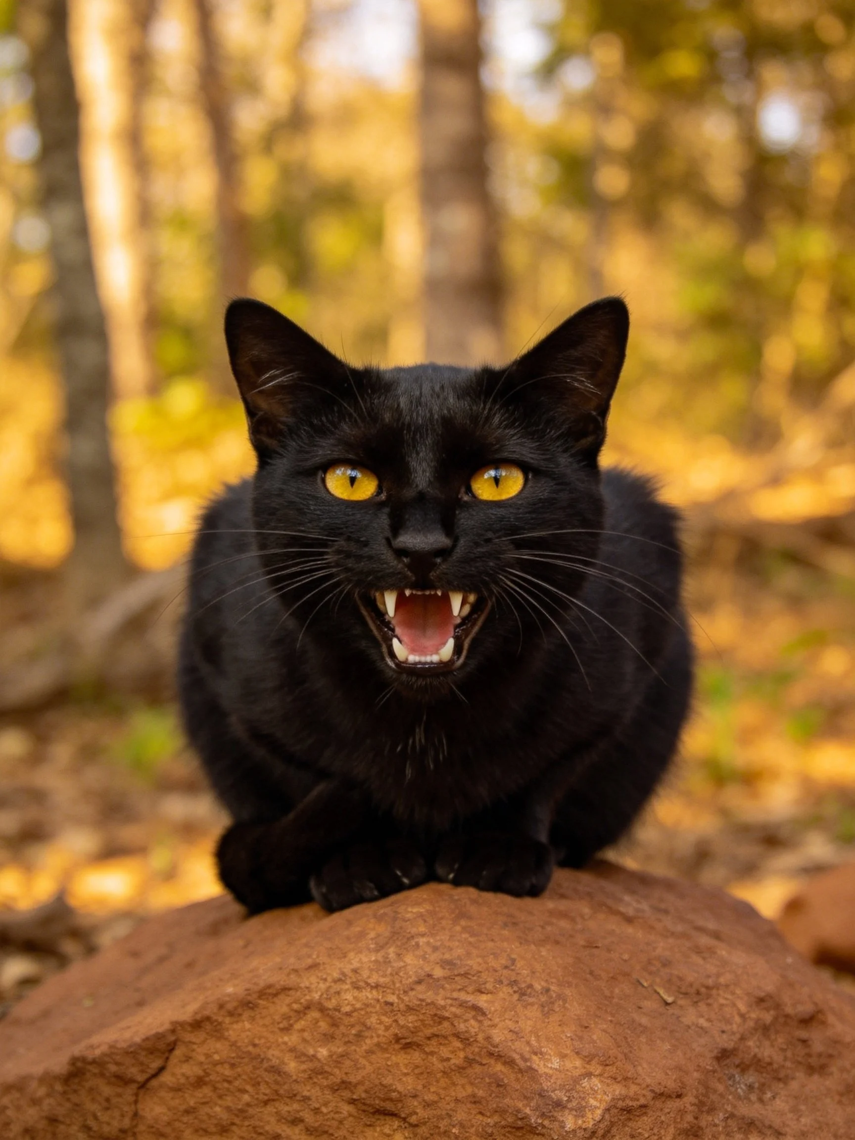 A black cat with yellow eyes sits on a rock in a sunlit forest.