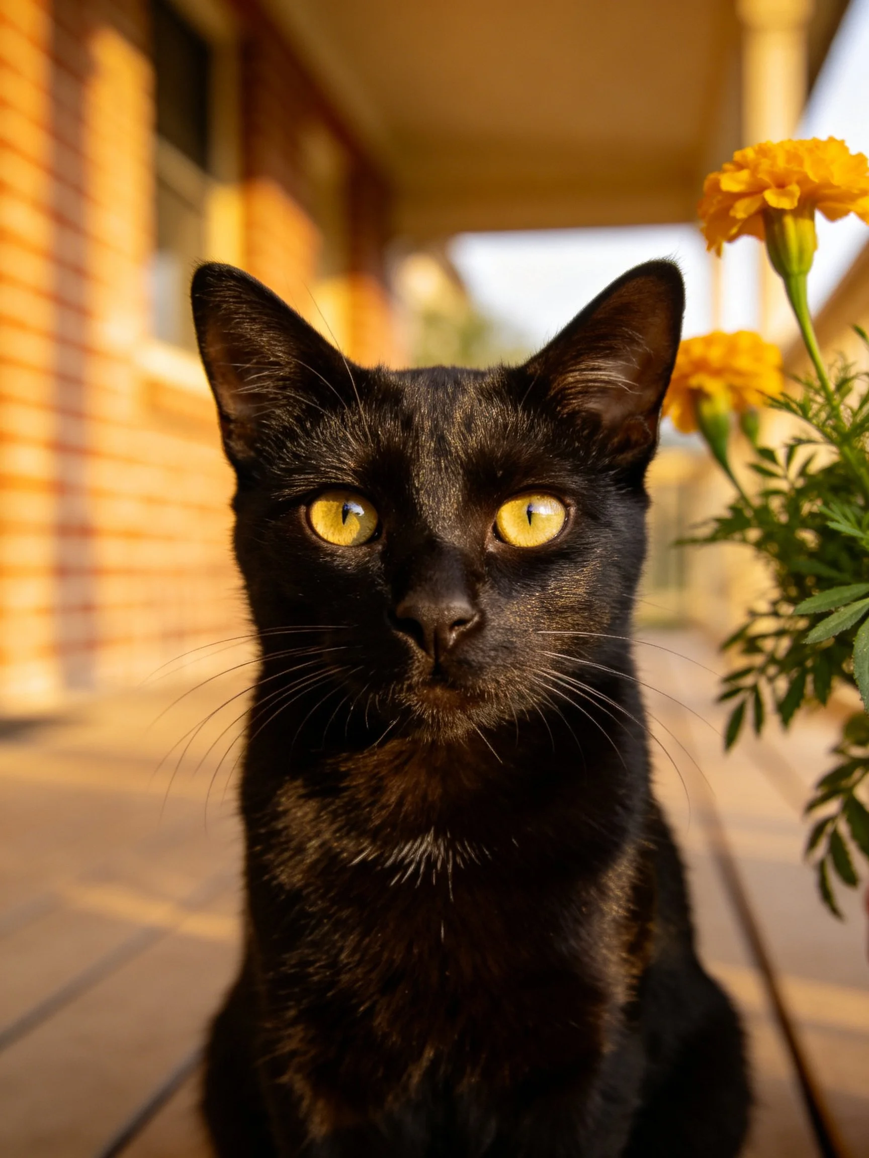 A black cat with bright yellow eyes is near orange flowers in an outdoor area.