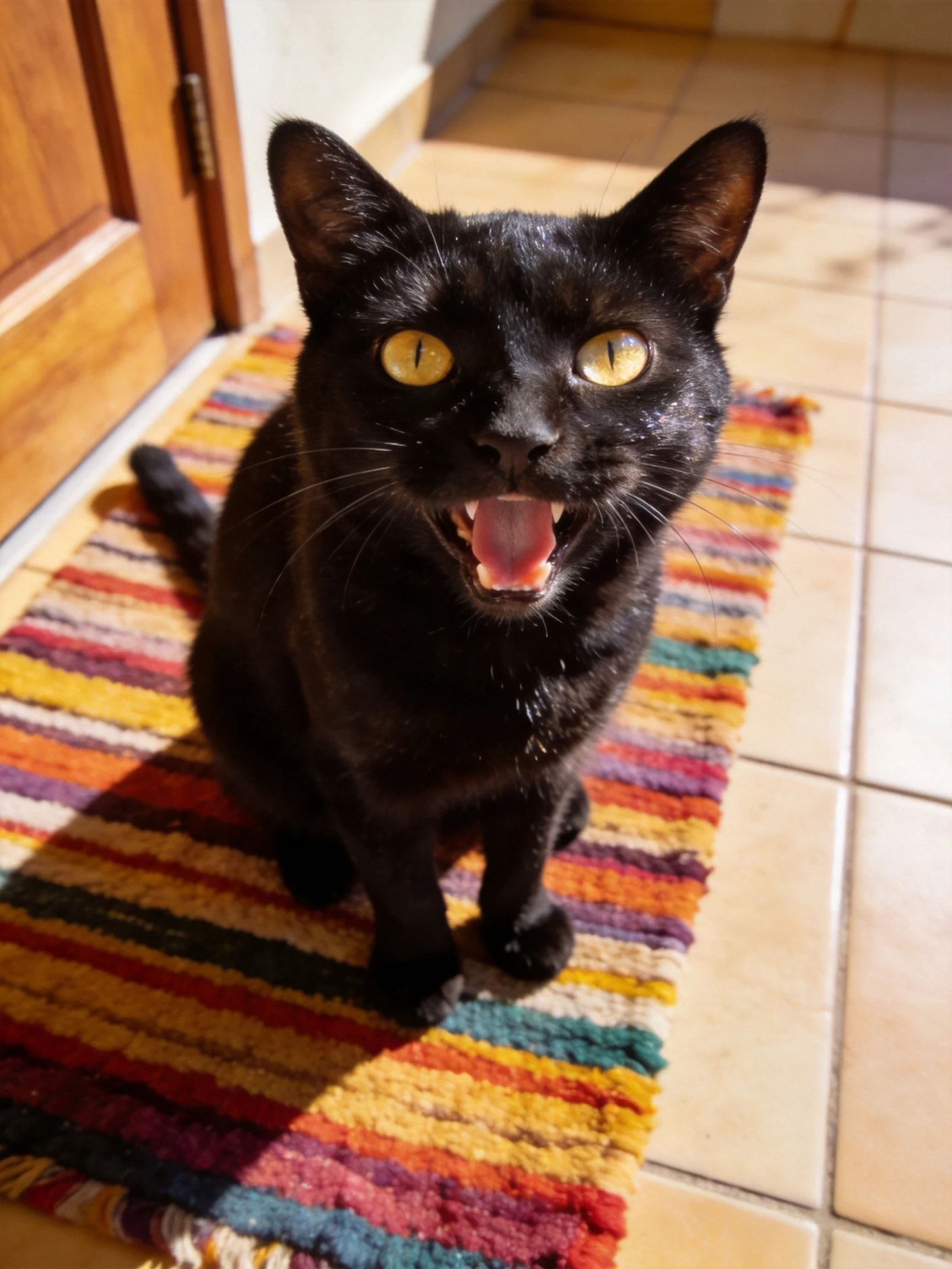 A black cat with yellow eyes sits on a striped rug near a wooden door
