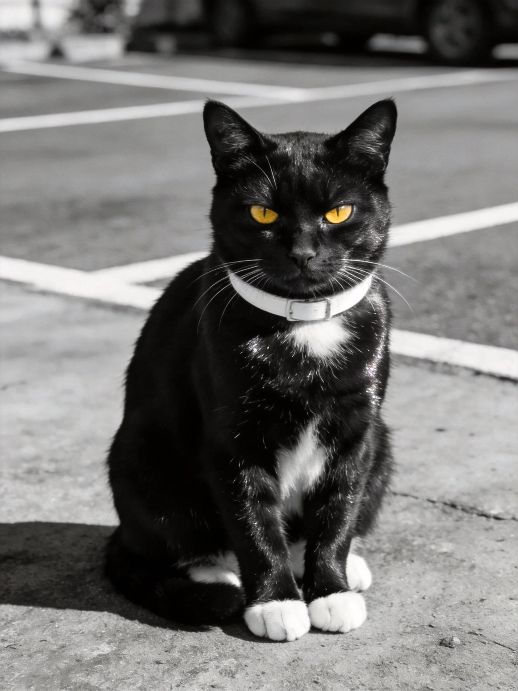 A black cat with bright yellow eyes sits on pavement near crosswalks