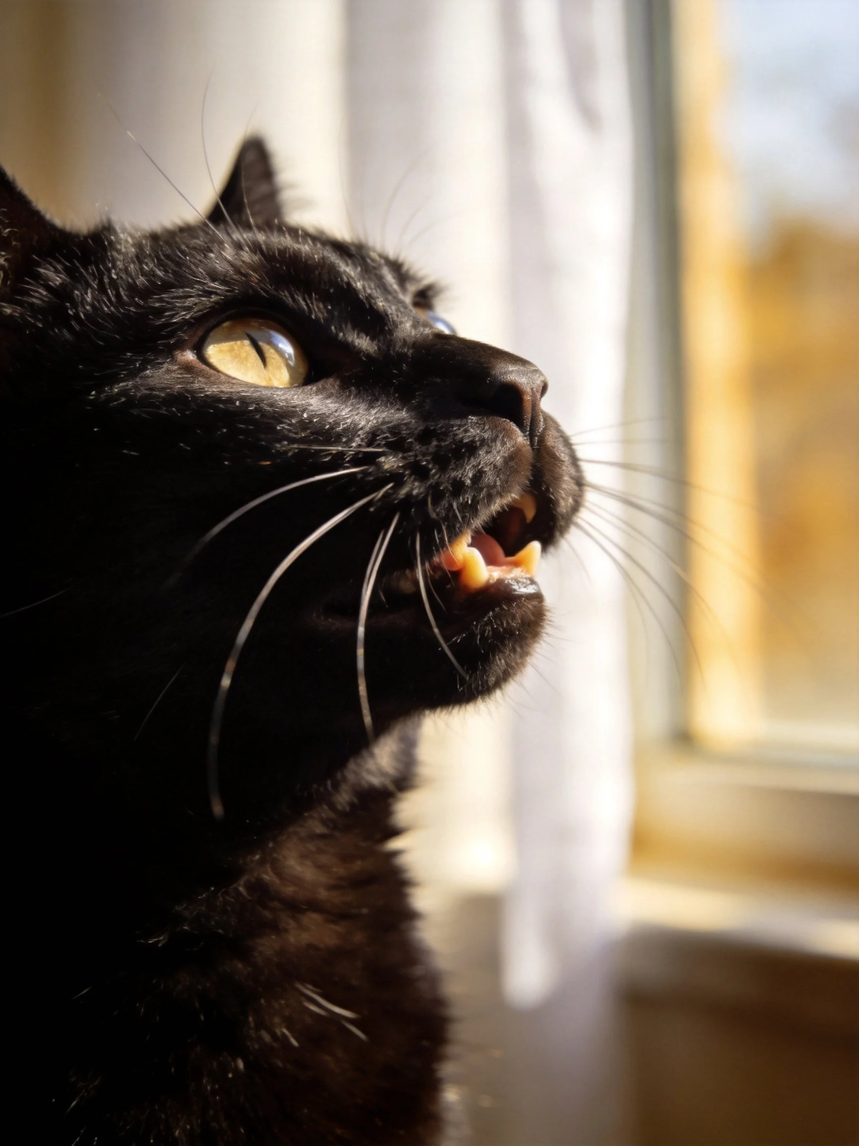 A black cat with golden eyes gazing upward by a sunlit window